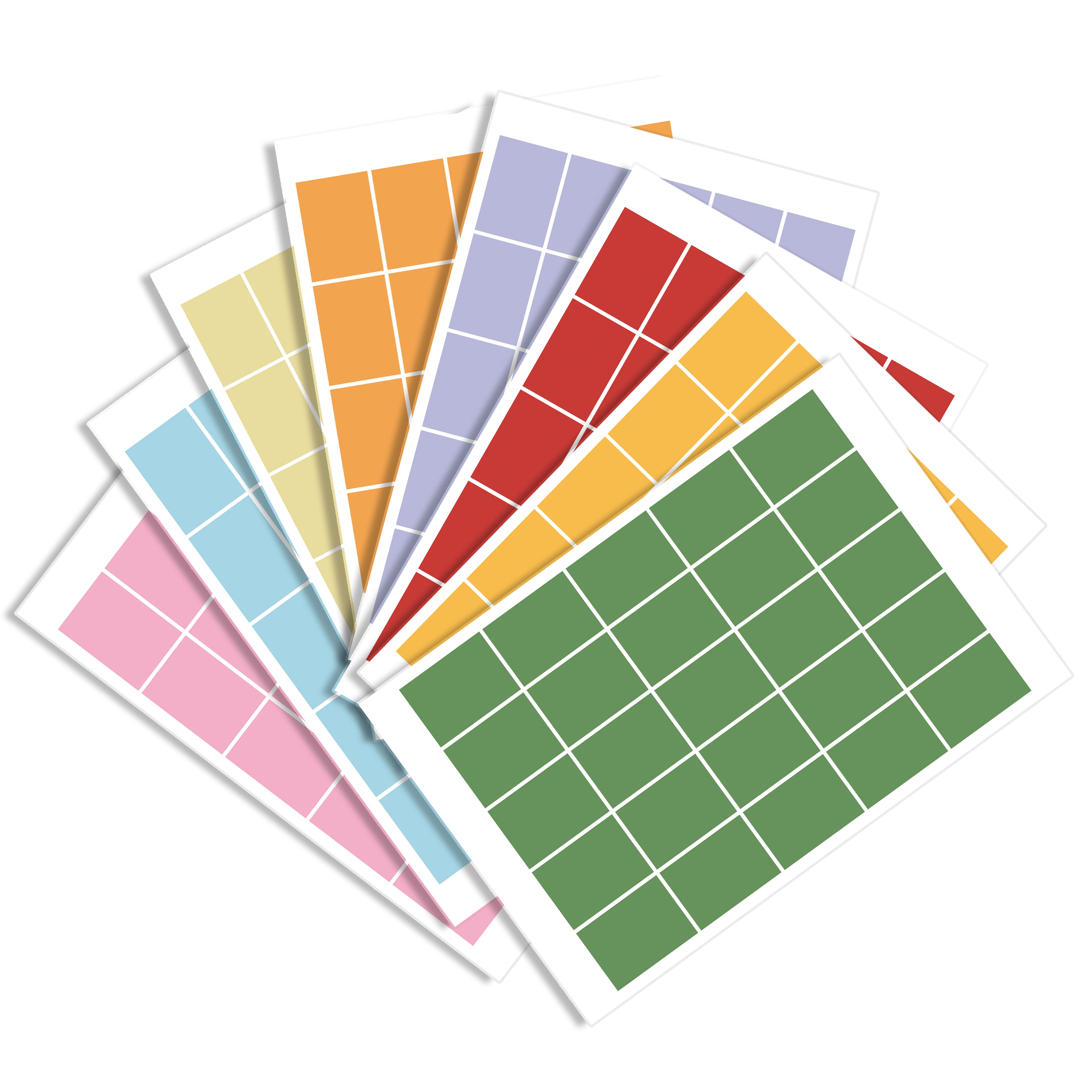Seven sheets of Eterna Goods Planning Block Stickers—pink, blue, yellow, orange, purple, red, and green—are fanned out on a white background. Ideal for color-coded planning or as calendar stickers to keep you organized.