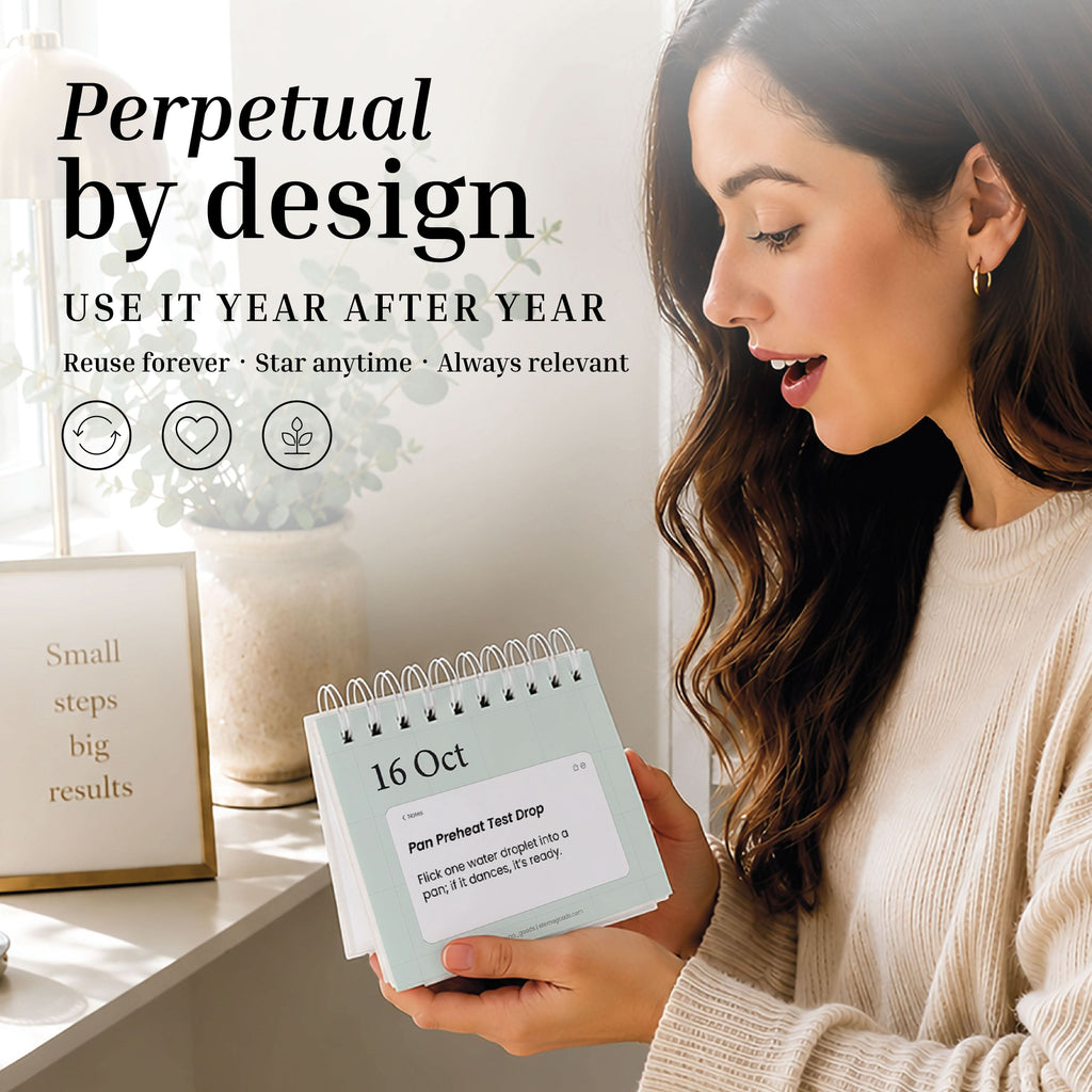 A woman holds open the Perpetual Life Hacks Calendar from Eterna Goods to October 16. Text on the image highlights its perpetual, reusable design and always relevant content, featuring practical tips for everyday living.