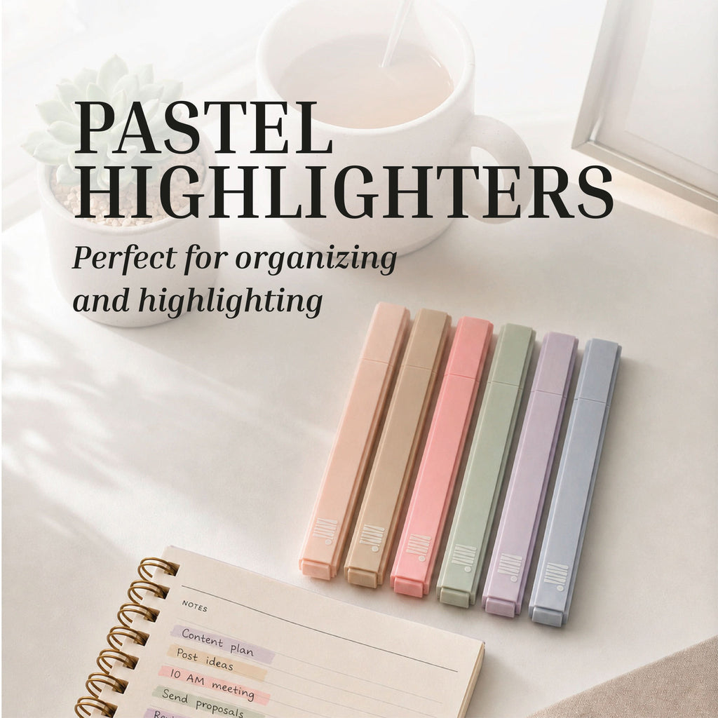 Six Eterna Goods pastel low-bleed highlighters from the Highlighter Set sit on a desk with a notebook, coffee, and plant. Tasks in the notebook are neatly color-coded with their chisel tips for easy organization.