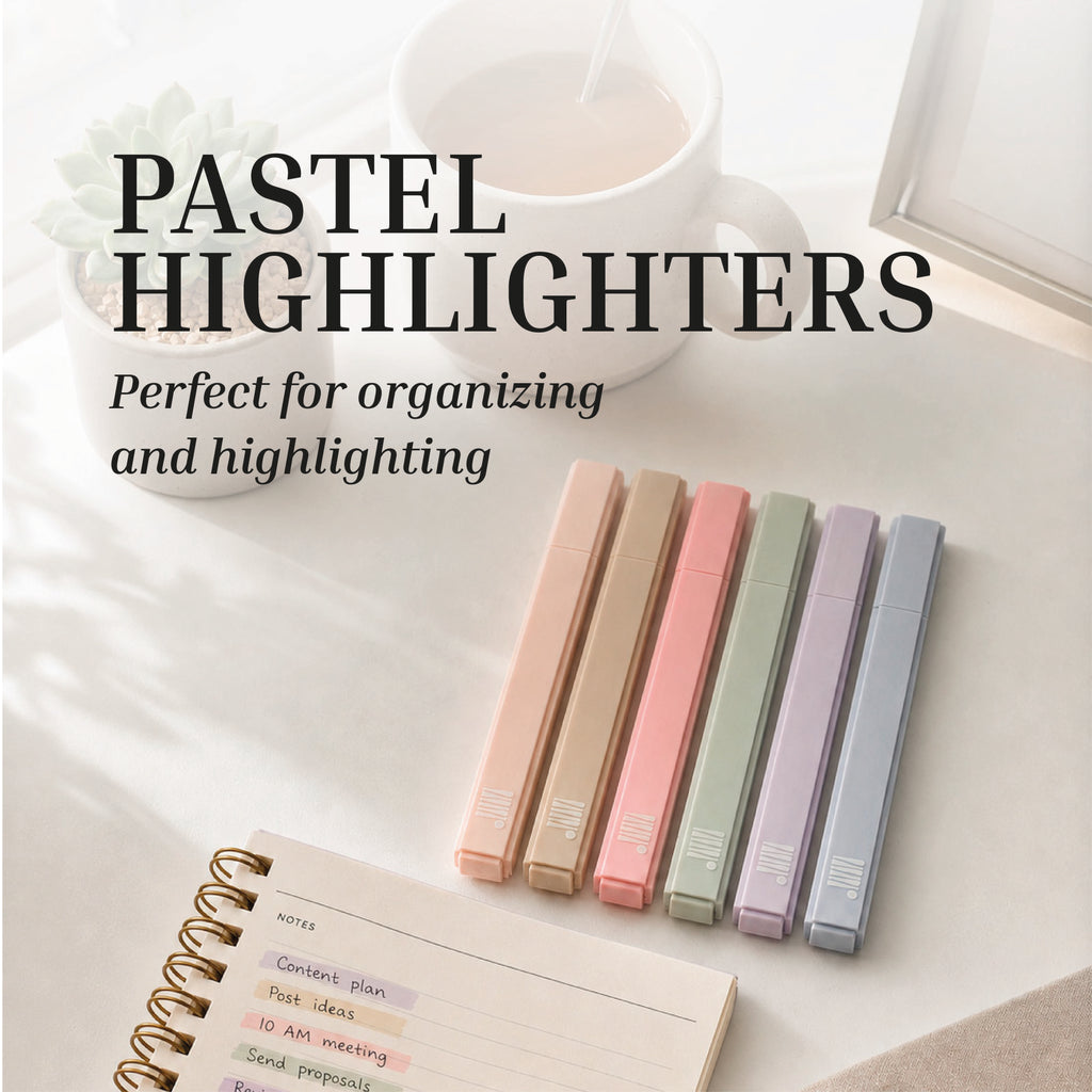 Six Eterna Goods pastel low-bleed highlighters from the Highlighter Set sit on a desk with a notebook, coffee, and plant. Tasks in the notebook are neatly color-coded with their chisel tips for easy organization.