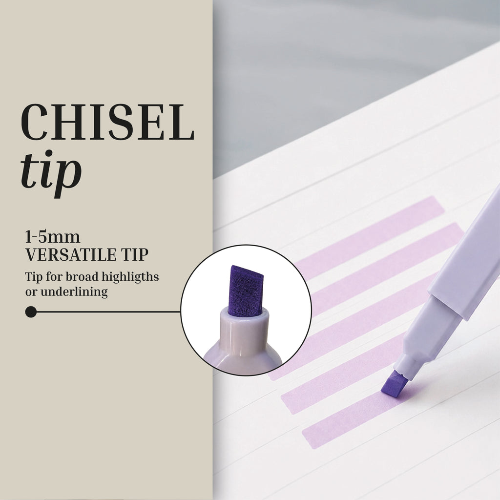Close-up of an Eterna Goods Highlighter Set's purple chisel tip drawing broad and narrow lines on lined paper, with a diagram labeling the tip shape and size range.
