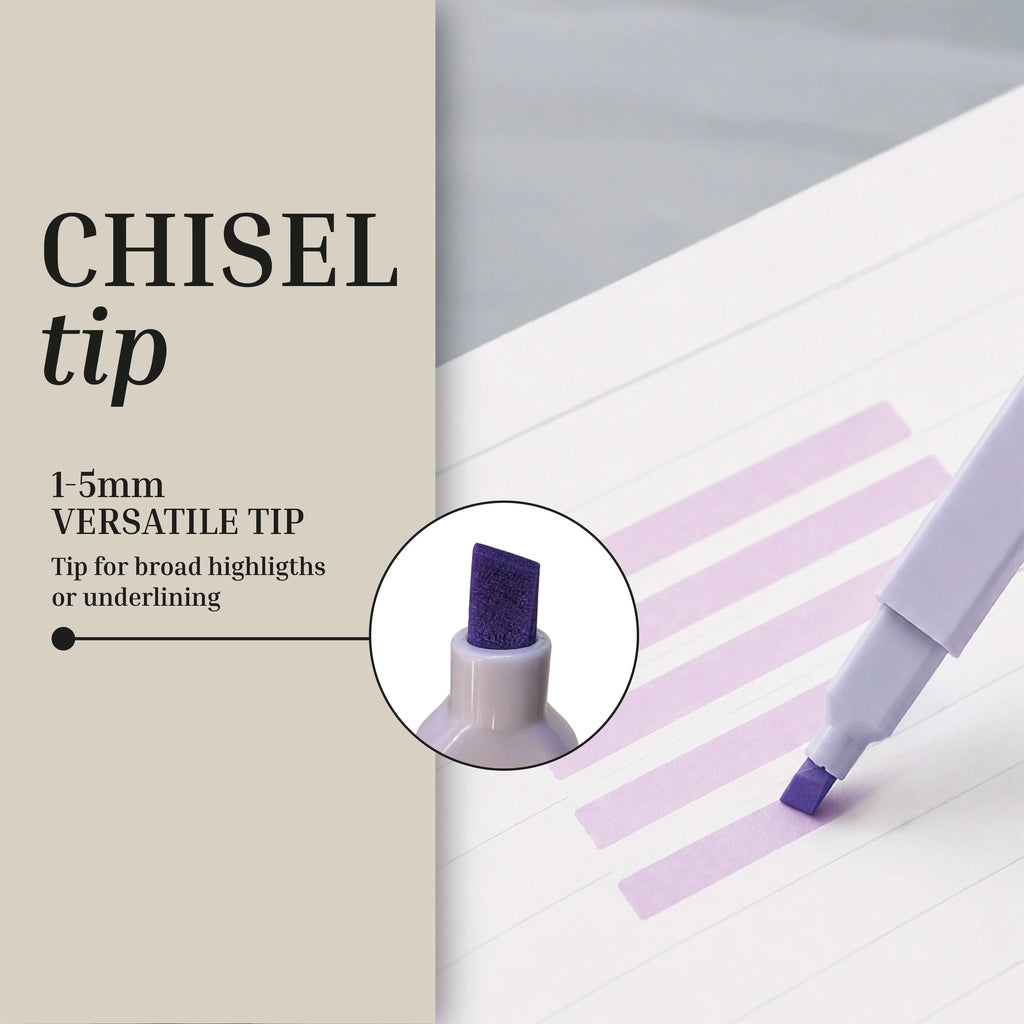 An Eterna Goods purple chisel tip marker draws both broad and narrow lines on paper, showcased in a close-up of its versatile 1–5mm tip for highlights or underlining—making it an ideal addition to the Planning Essentials Kit alongside pastel highlighters or fine-tip pens.