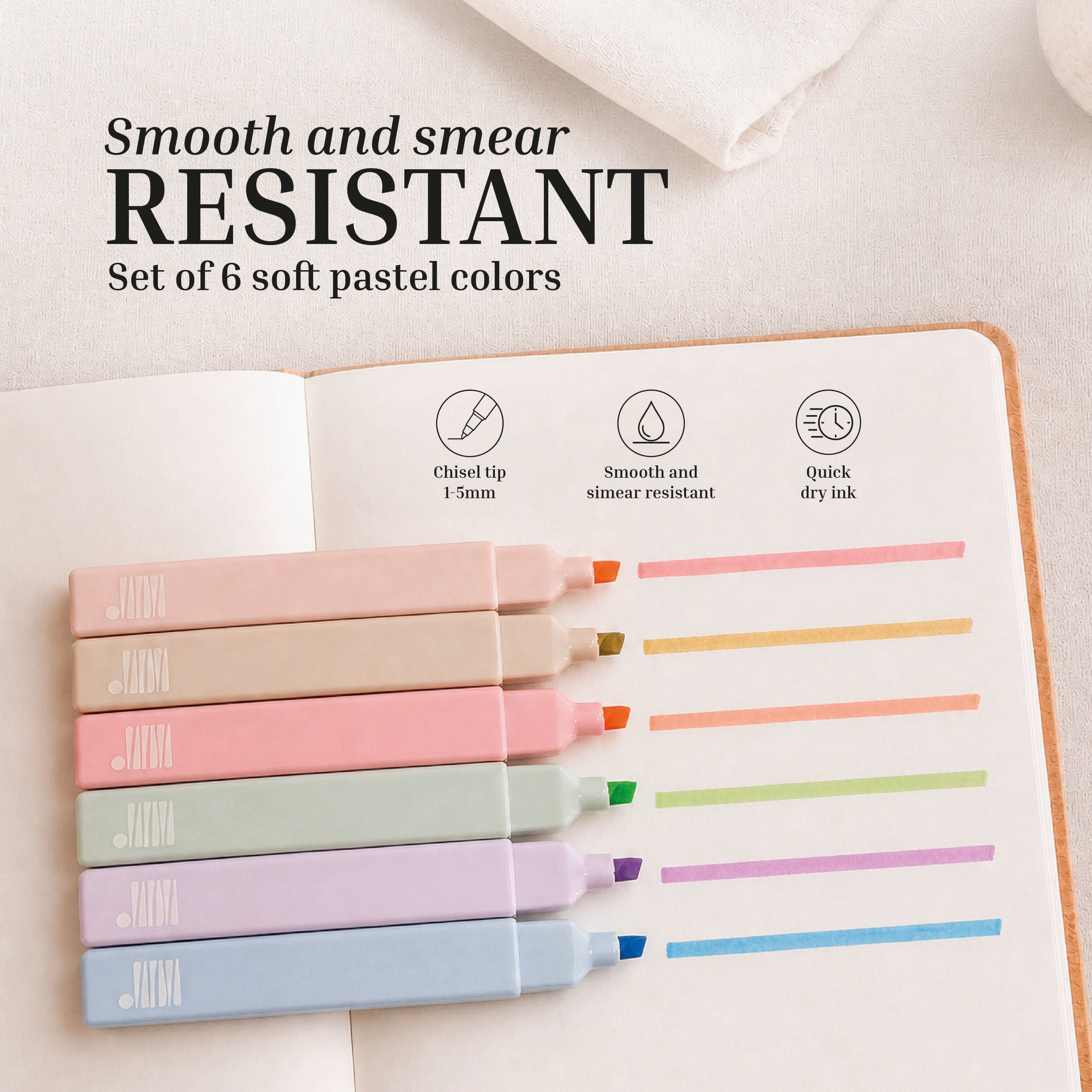 Six Eterna Goods Highlighter Set pastel markers are arranged on an open notebook with matching colored lines, highlighting chisel tip highlighters that deliver smooth, quick-drying, and low-bleed performance.