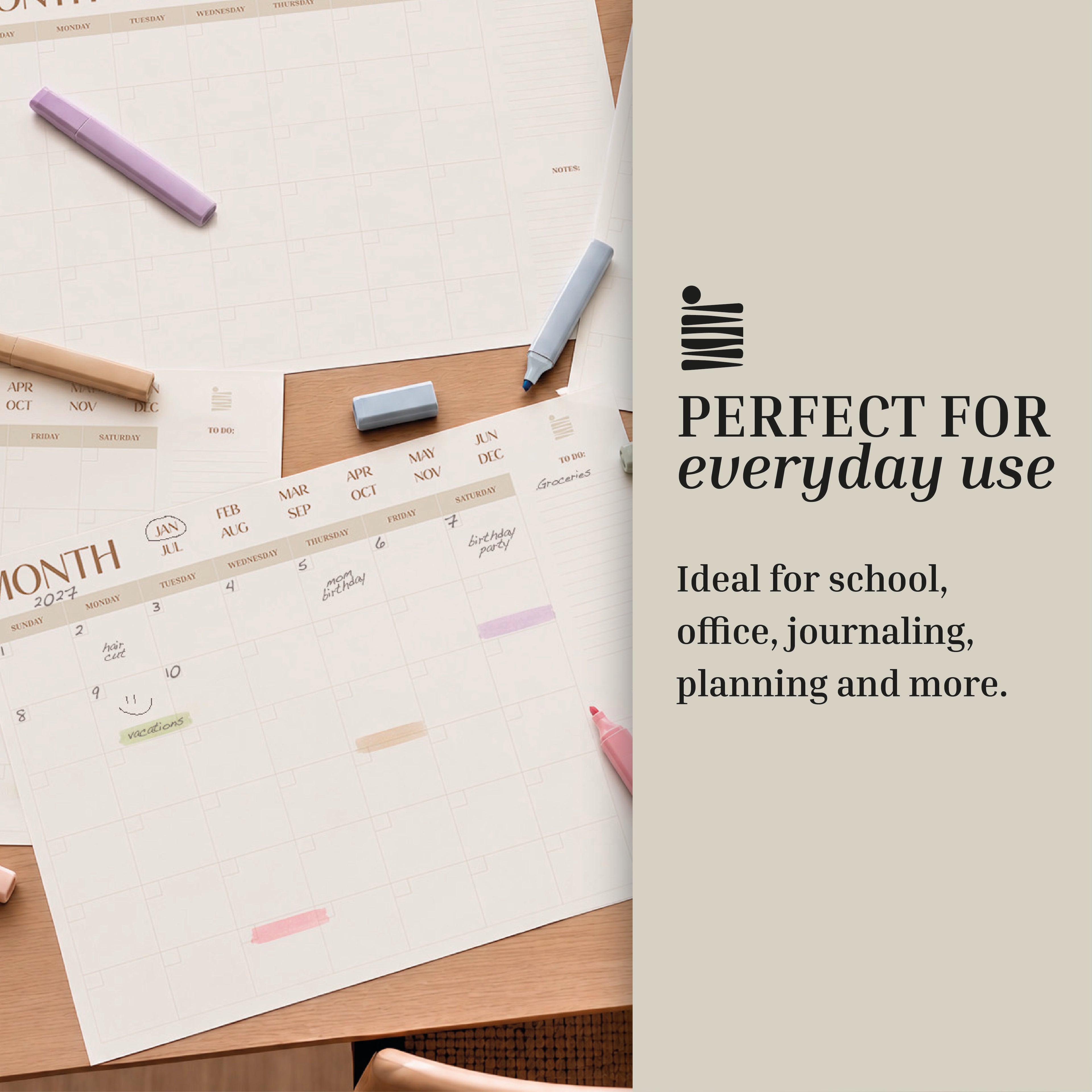 An Eterna Goods Highlighter Set rests on a wooden table beside a desk calendar. Text reads: "Perfect for everyday use—ideal for school, office, journaling, planning, and more.