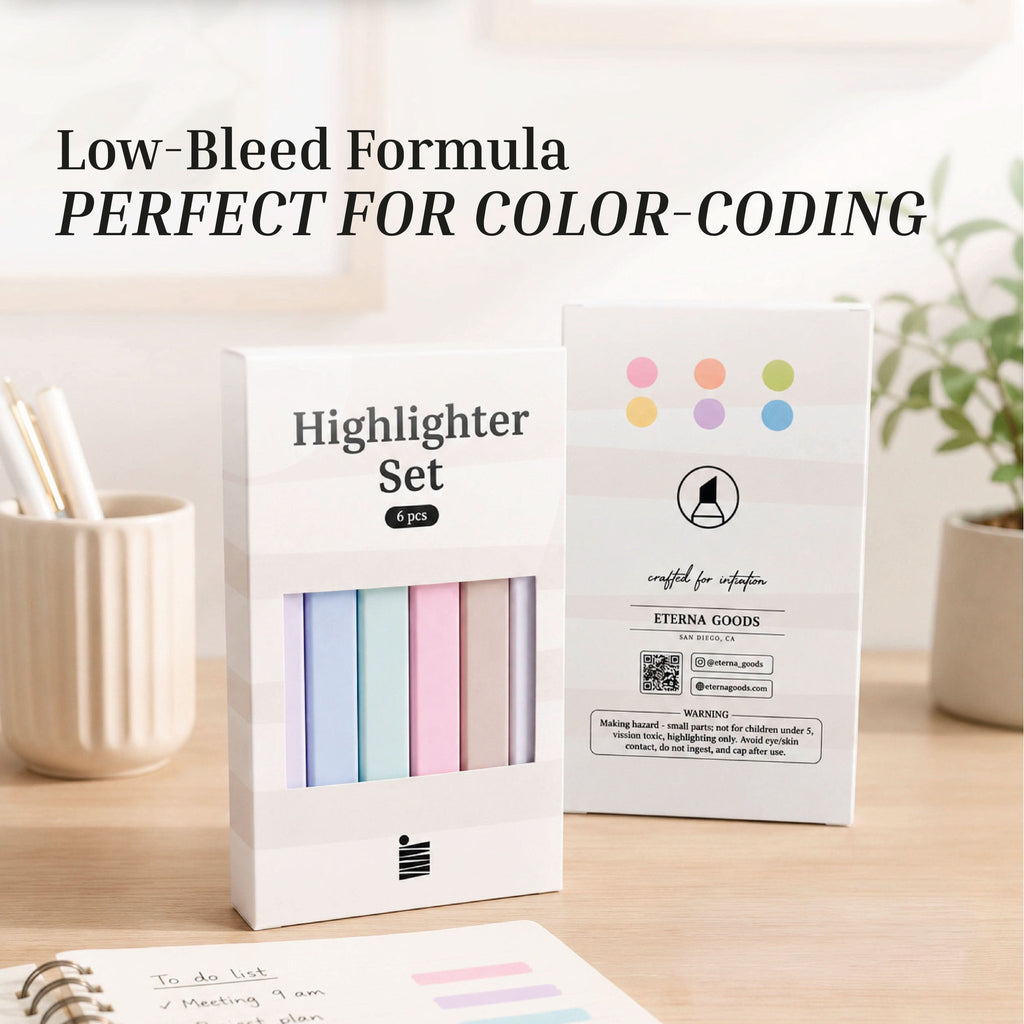 A six-piece Eterna Goods Highlighter Set in white packaging is displayed on a desk with notes, pen holders, and plants. The text above says "Low-Bleed Formula PERFECT FOR COLOR-CODING." Enjoy smooth color from these chisel tip highlighters.