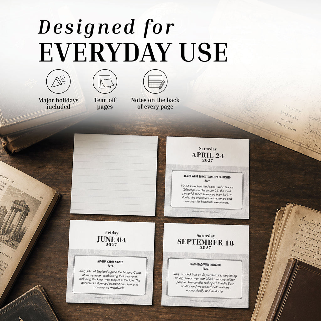 Four pages from the 2027 Historical Facts Calendar by Eterna Goods are arranged on a wooden table, surrounded by open books. Featuring highlights such as major holidays and convenient tear-off pages, this inspirational desk calendar brings daily motivation and historical insight to your routine.