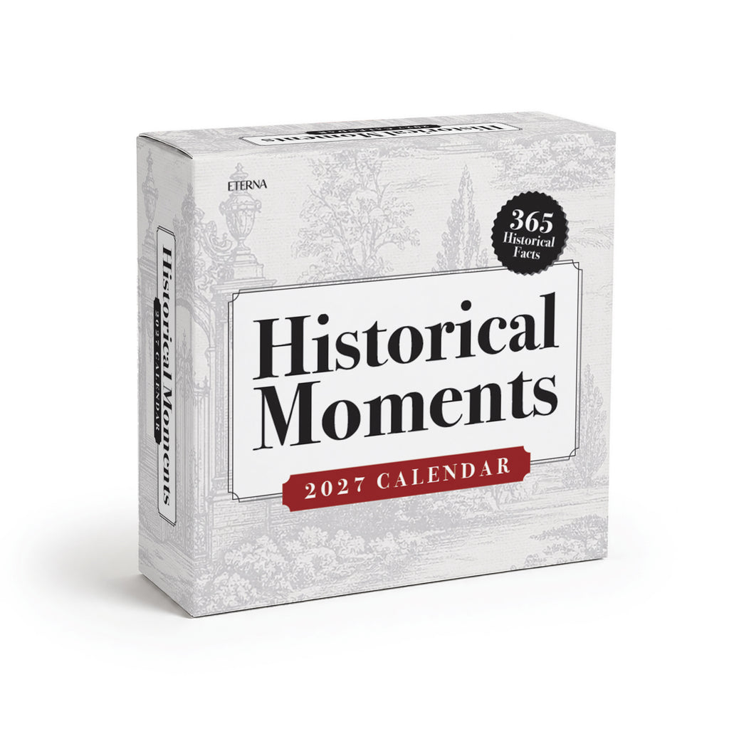 The "2027 Historical Facts Calendar" by Eterna Goods is an inspirational desk calendar featuring 365 historical facts, convenient tear-off pages, and a grayscale background illustration.