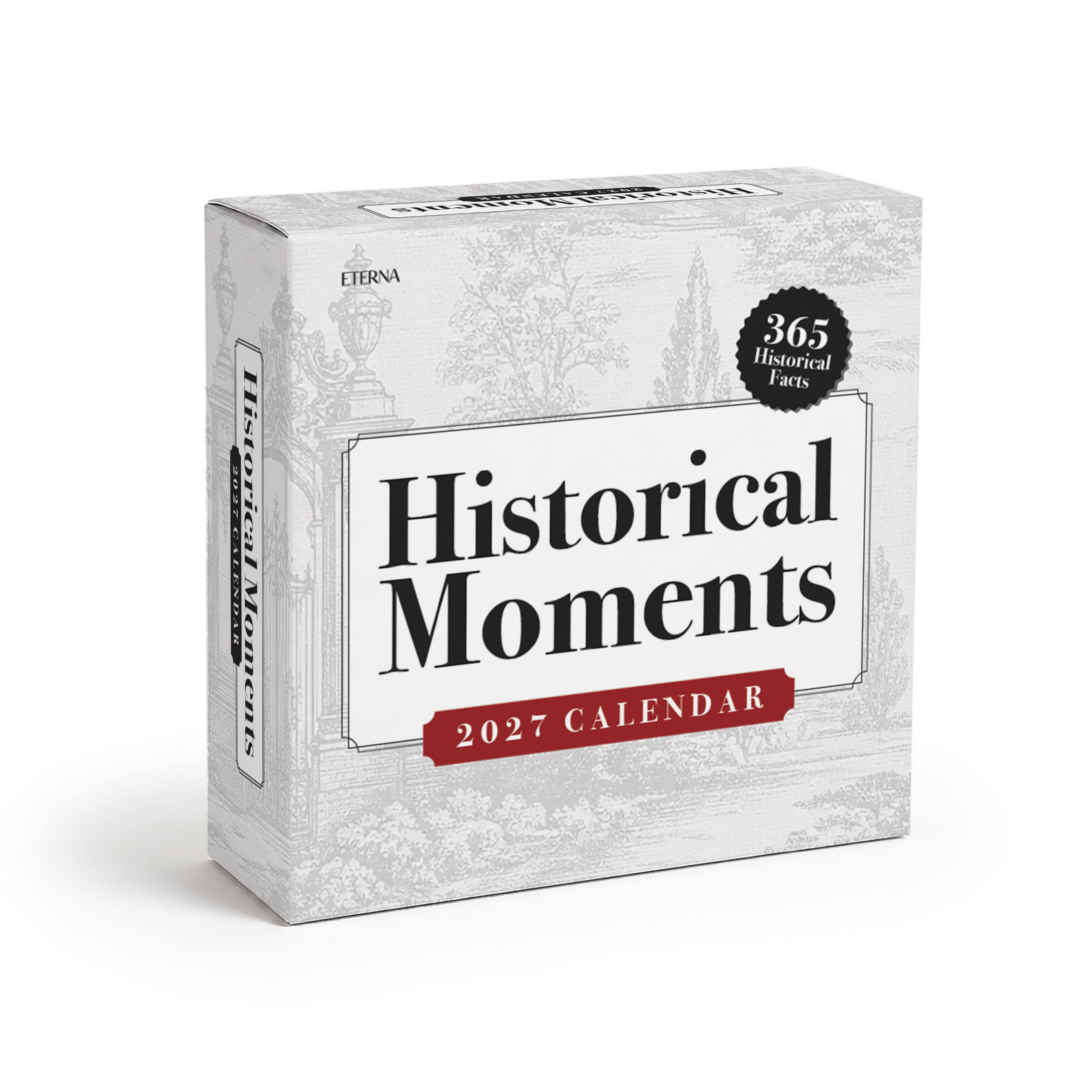 The "2027 Historical Facts Calendar" by Eterna Goods is an inspirational desk calendar featuring 365 historical facts, convenient tear-off pages, and a grayscale background illustration.