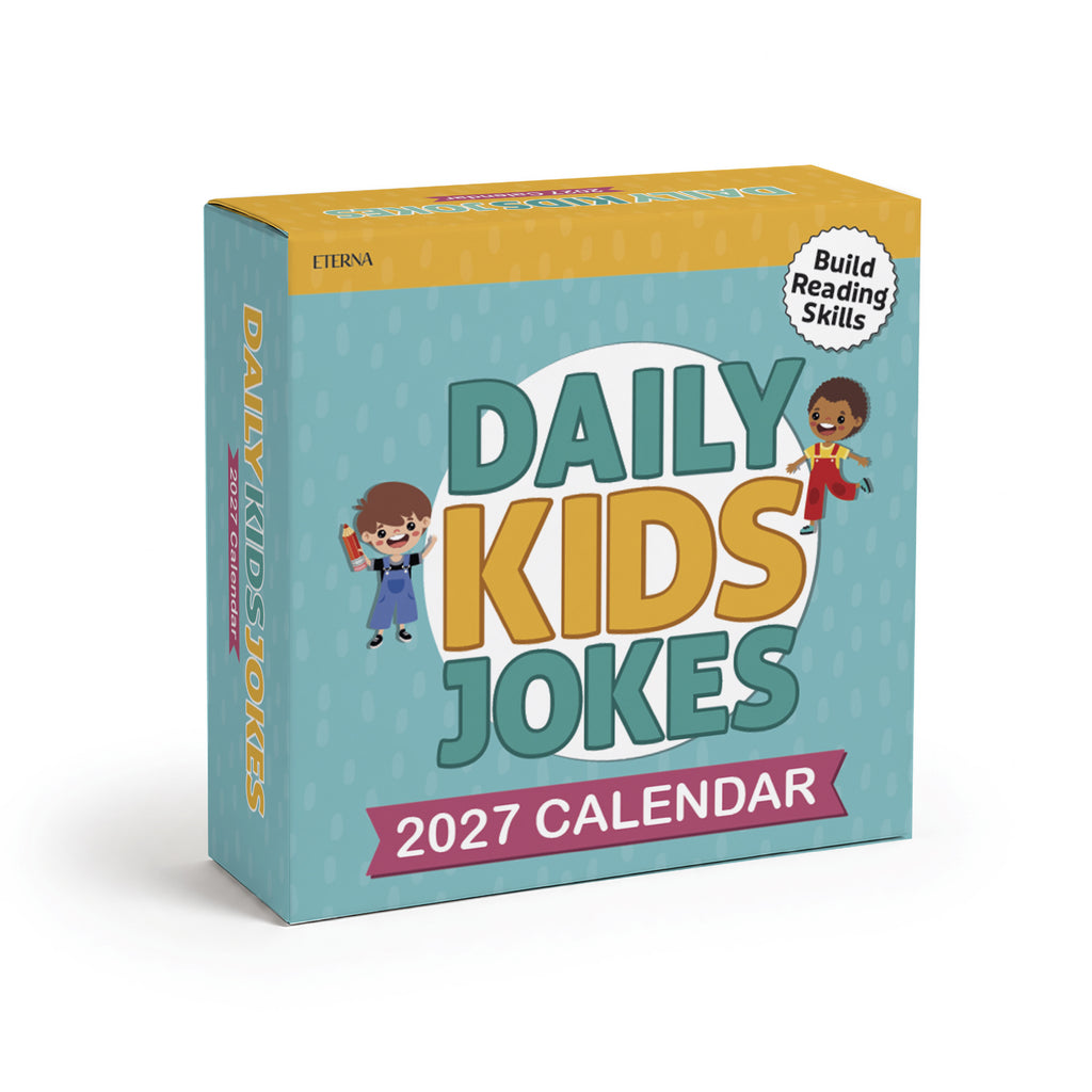 Box of “2026 Kids Jokes Calendar” by Charlie’s Treasures, featuring cartoon children and a “Build Reading Skills” badge on the cover—this kid-friendly joke calendar makes the perfect addition to your collection of fun kids gifts.