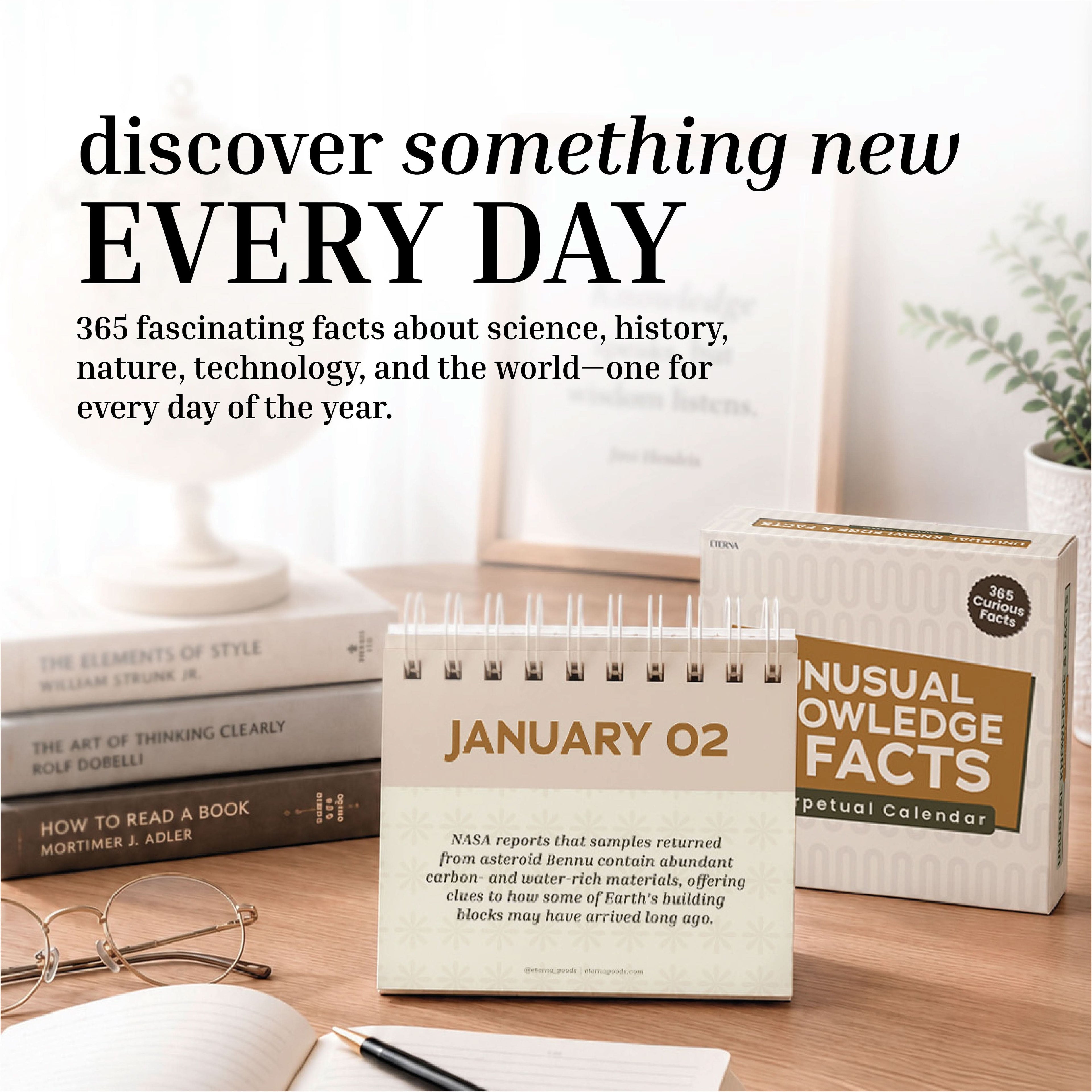 A desk featuring the Eterna Goods Perpetual Unusual Knowledge & Facts Perpetual Calendar displaying January 2, a box labeled "Unusual Knowledge Facts," and an array of neatly arranged books in the background—ideal for anyone who enjoys quirky facts calendars or is looking for a clever trivia-themed gift.