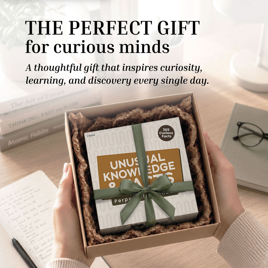Hands hold an open gift box containing Eterna Goods’ "Perpetual Unusual Knowledge & Facts Perpetual Calendar," accented with a green ribbon—an ideal trivia gift. Books and glasses are on the table in the background.