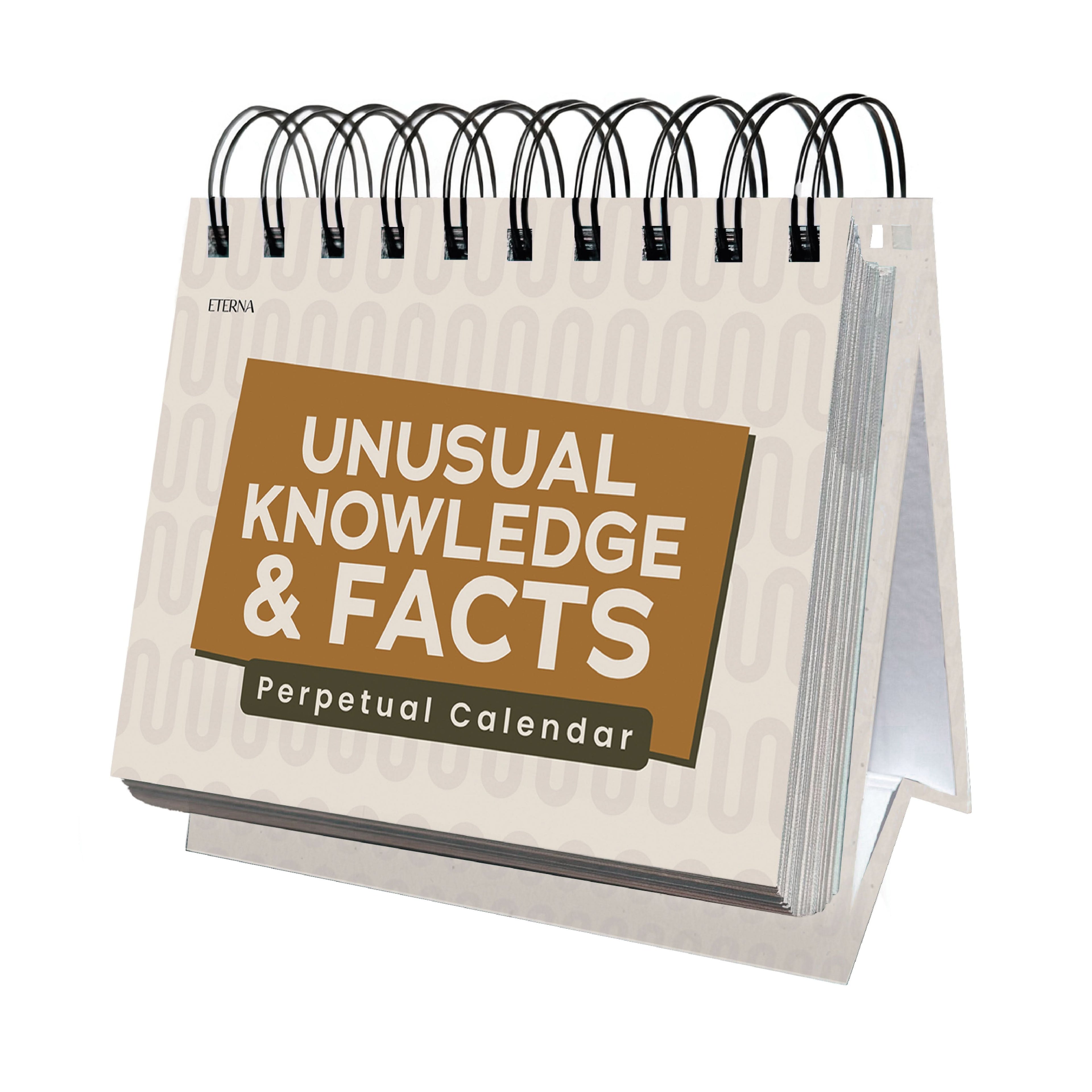 The Perpetual Unusual Knowledge & Facts Perpetual Calendar from Eterna Goods features a beige and brown spiral-bound cover and stands upright, making it the ideal desk calendar and trivia gift for anyone with an endless curiosity.