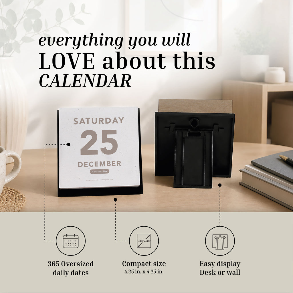 Two Eterna Goods 2027 Large Text Calendars are displayed front and back on a table, showcasing features such as easy-to-read dates, oversized daily tear-off pages, a compact design, and the versatility to be used on a desk or mounted on a wall—ideal for anyone looking for a Large Text Calendar.