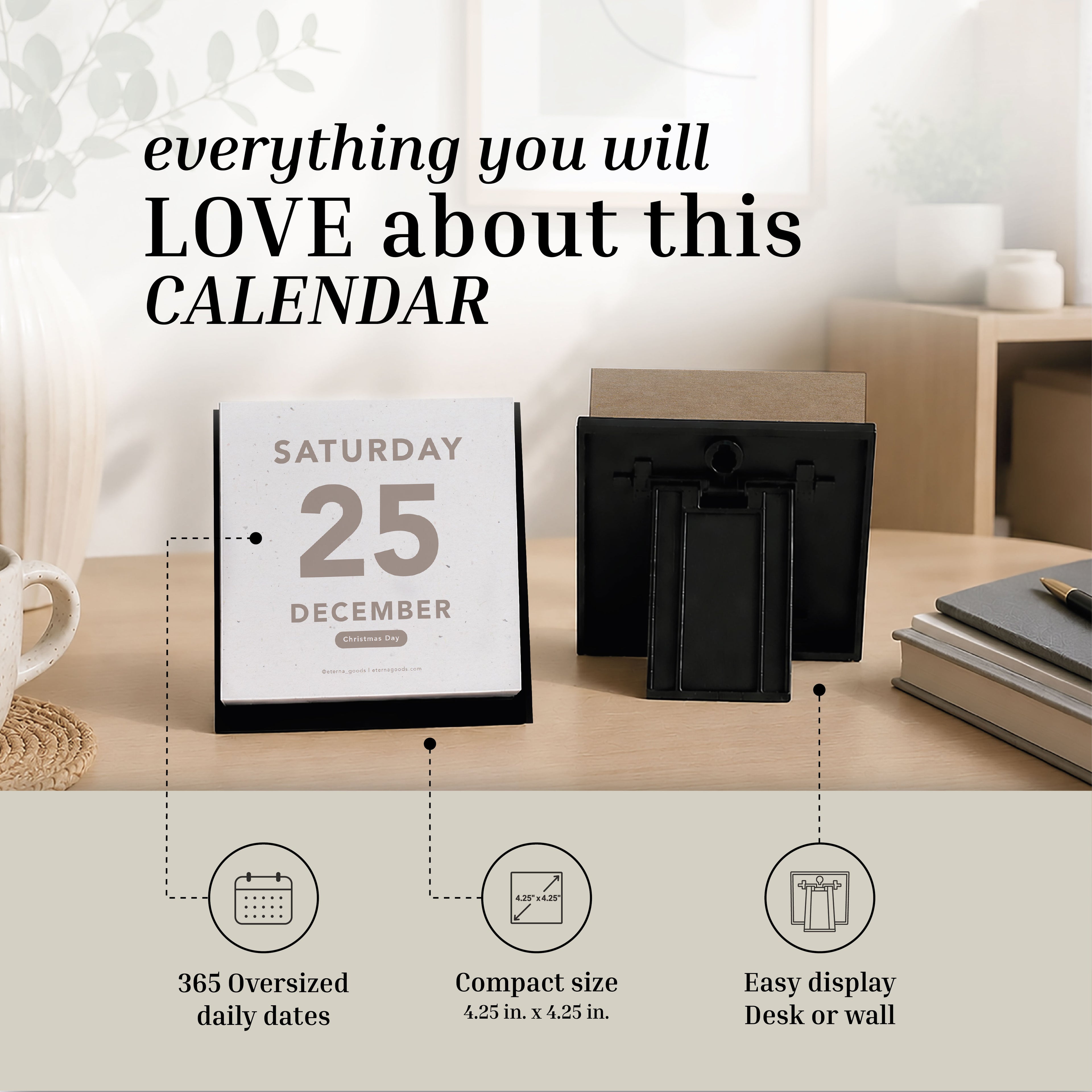 Two Eterna Goods 2027 Large Text Calendars are displayed front and back on a table, showcasing features such as easy-to-read dates, oversized daily tear-off pages, a compact design, and the versatility to be used on a desk or mounted on a wall—ideal for anyone looking for a Large Text Calendar.