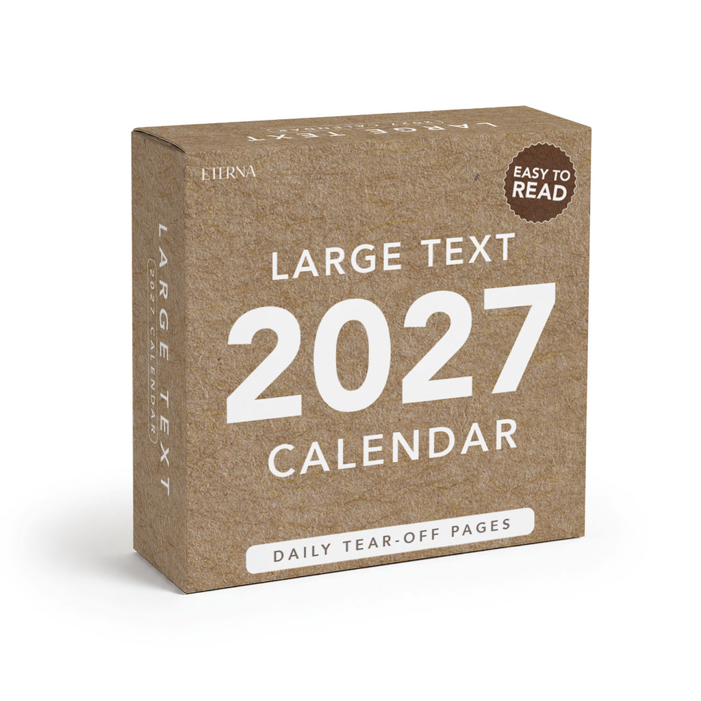 Box of the "2027 Large Text Calendar" by Eterna Goods, featuring easy-to-read dates on daily tear-off pages and labeled "easy to read" at the top right corner—a perfect desk calendar for clear scheduling each day.