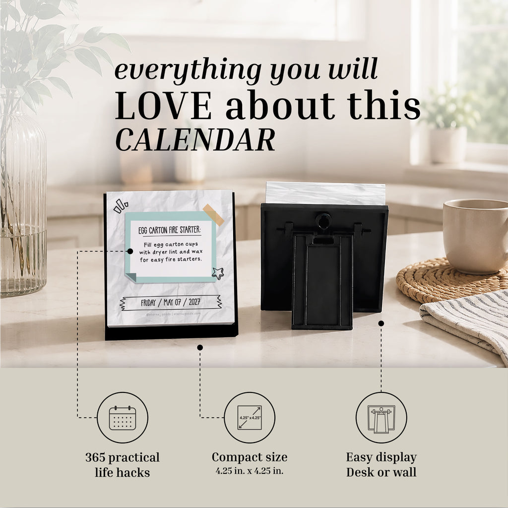 Two desk calendars are displayed on a table: one reveals a page featuring text, while the other shows the calendar’s reverse side. The 2027 Daily Life Hacks Calendar by Eterna Goods stands out for its helpful productivity tips, compact design, and convenient tear-off pages that make desk display easy.