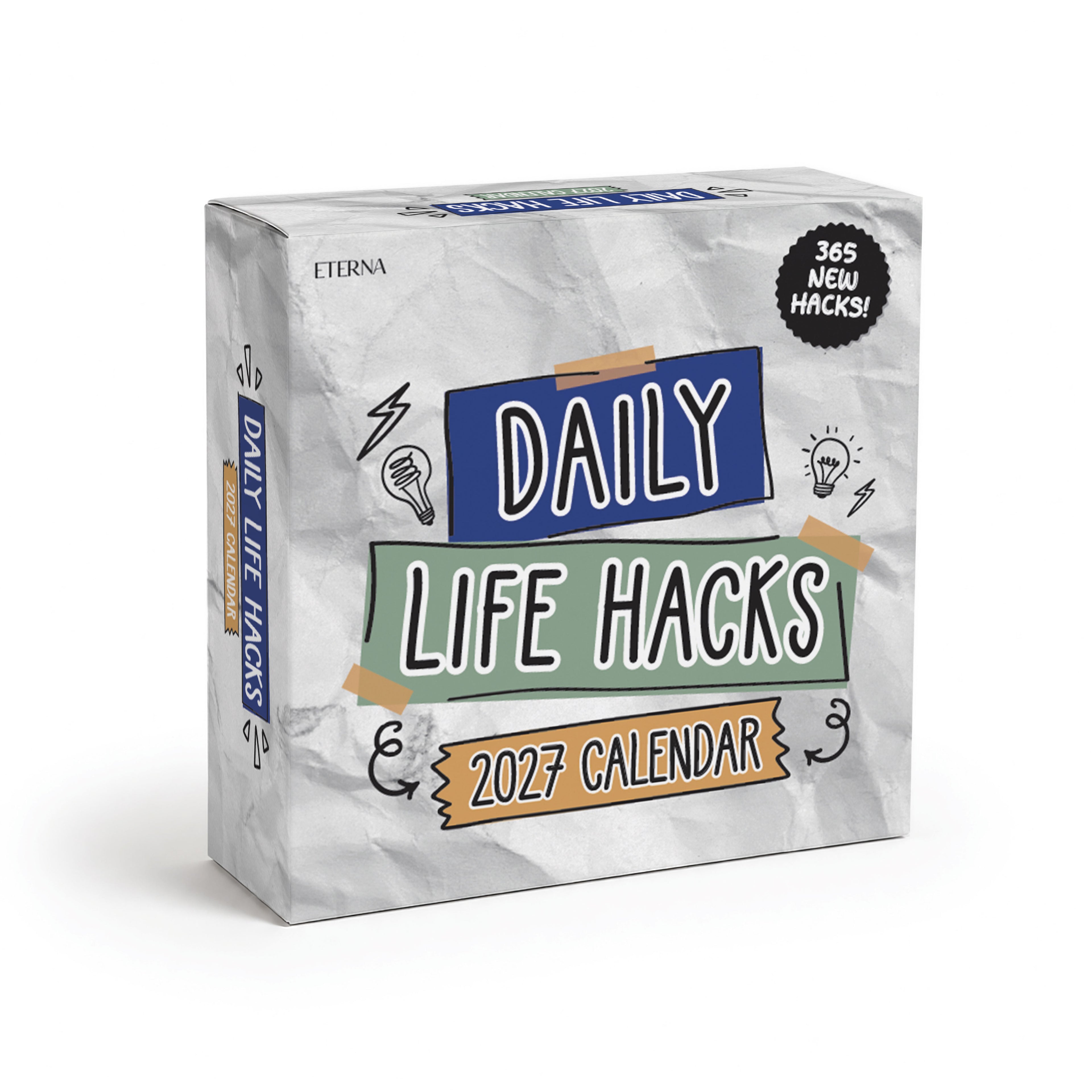 A box labeled "2026 Daily Life Hacks Calendar" by Eterna Goods, decorated with vibrant text and icons, featuring a note that reads "365 new hacks!" on a clean white background—a perfect desk calendar filled with productivity ideas to brighten your year.