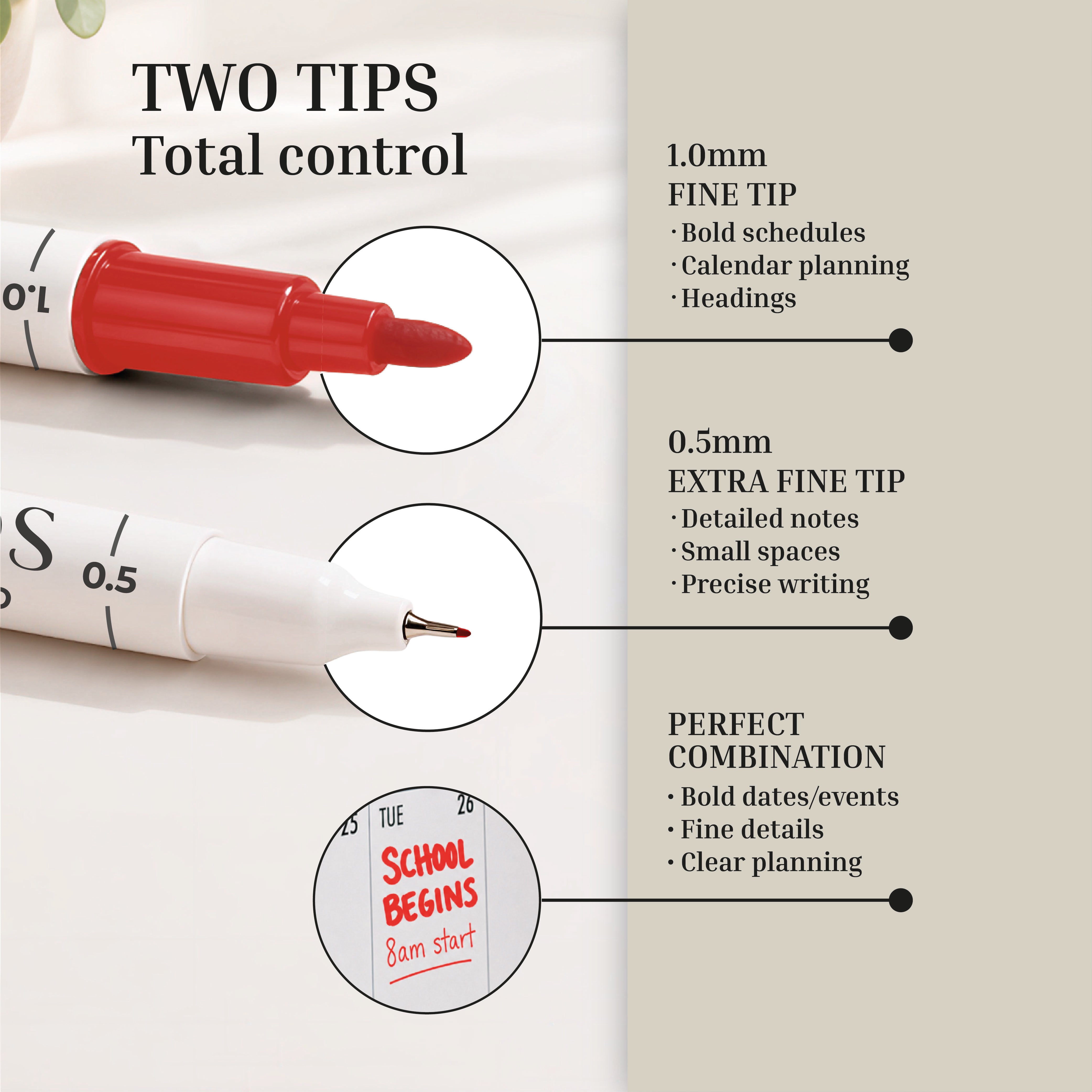 The Eterna Goods Fine Tip Dry Erase Marker Set features dual tips—a 1.0mm fine tip for bold writing and a 0.5mm extra fine tip for details—with quick-drying ink and a diagram illustrating each tip’s uses and features.