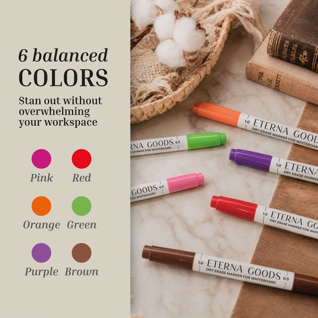 Six Eterna Goods Fine Tip Dry Erase Markers in pink, red, orange, green, purple, and brown are displayed on a desk next to a notepad and a shallow basket containing cotton.