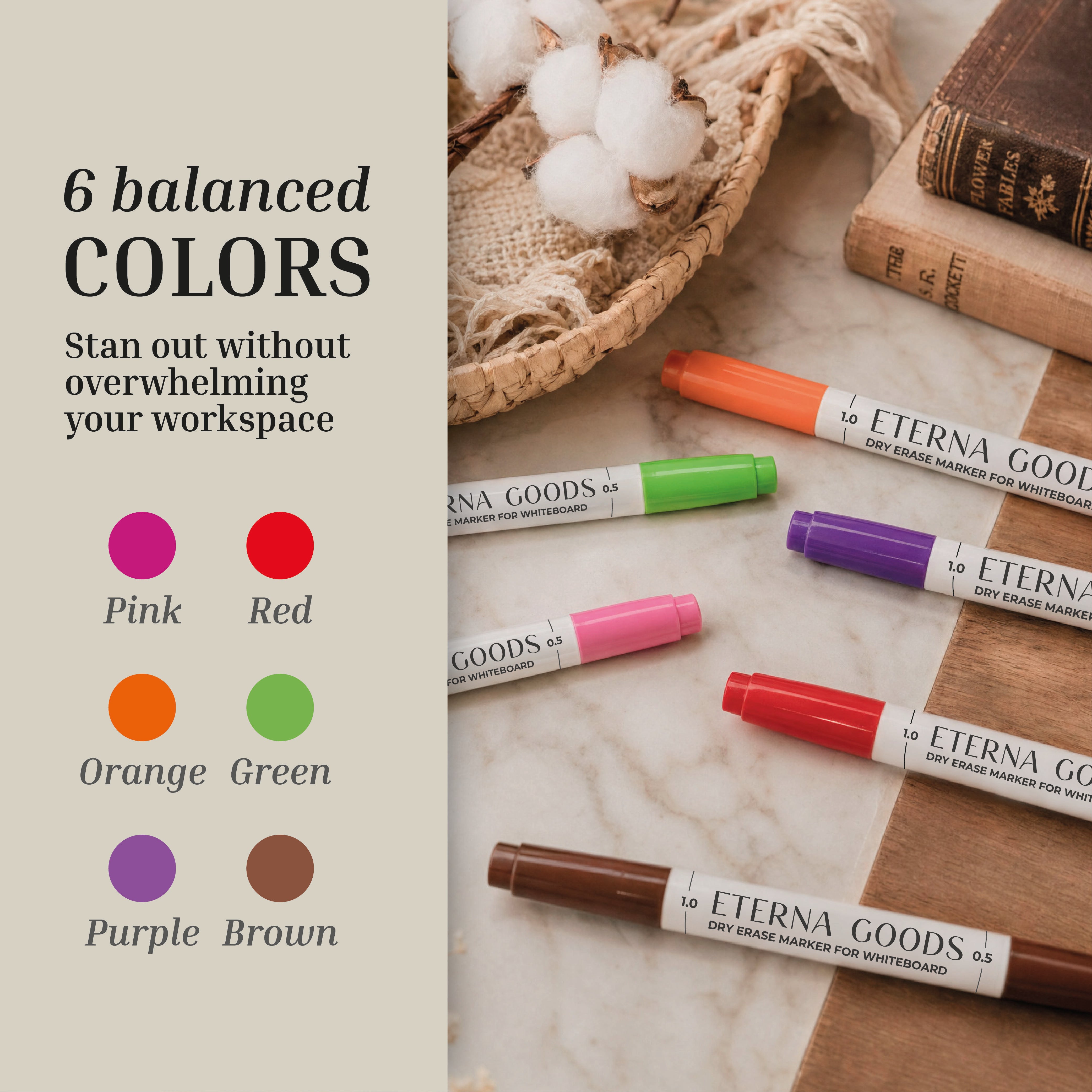 Six Eterna Goods Fine Tip Dry Erase Markers in pink, red, orange, green, purple, and brown are displayed on a desk next to a notepad and a shallow basket containing cotton.