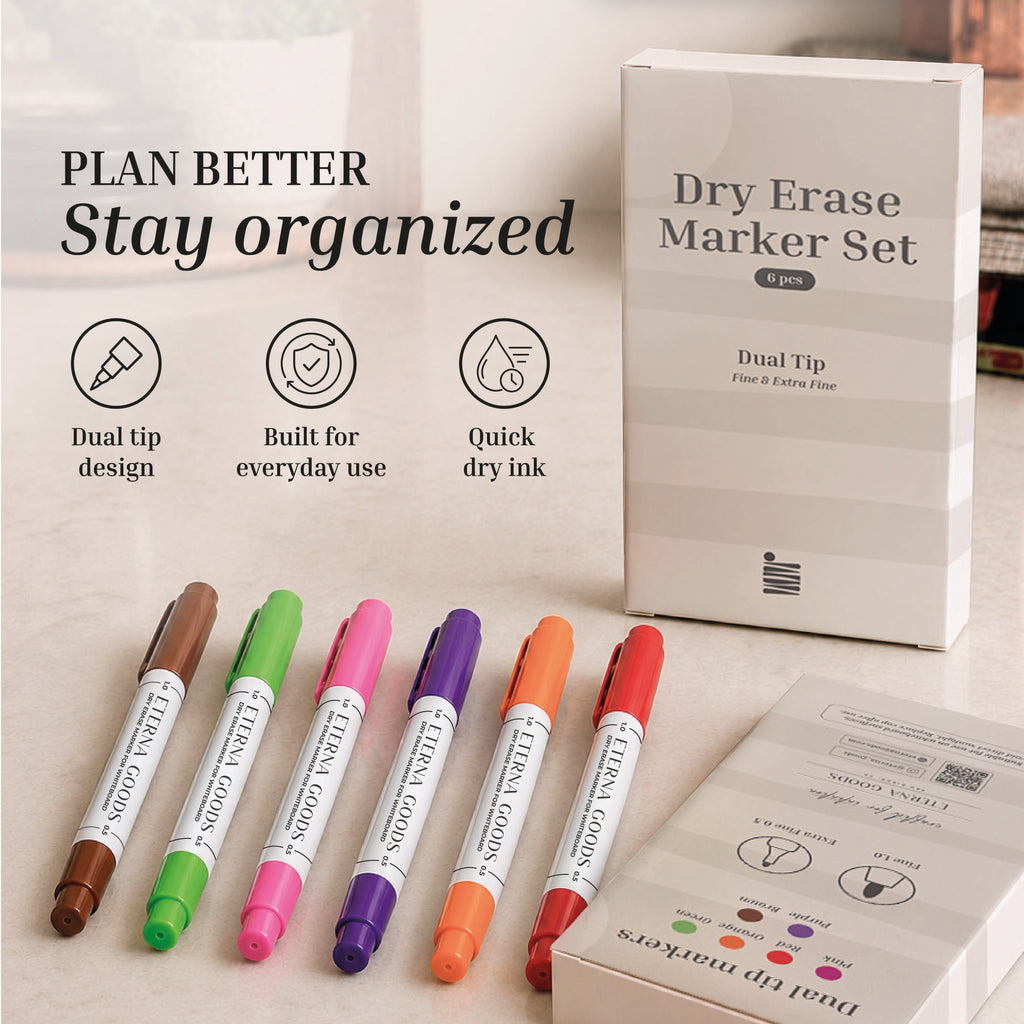 The Eterna Goods Fine Tip Dry Erase Marker Set features six assorted colors displayed by their packaging, highlighting a quick-drying formula and fine tips for precise writing.