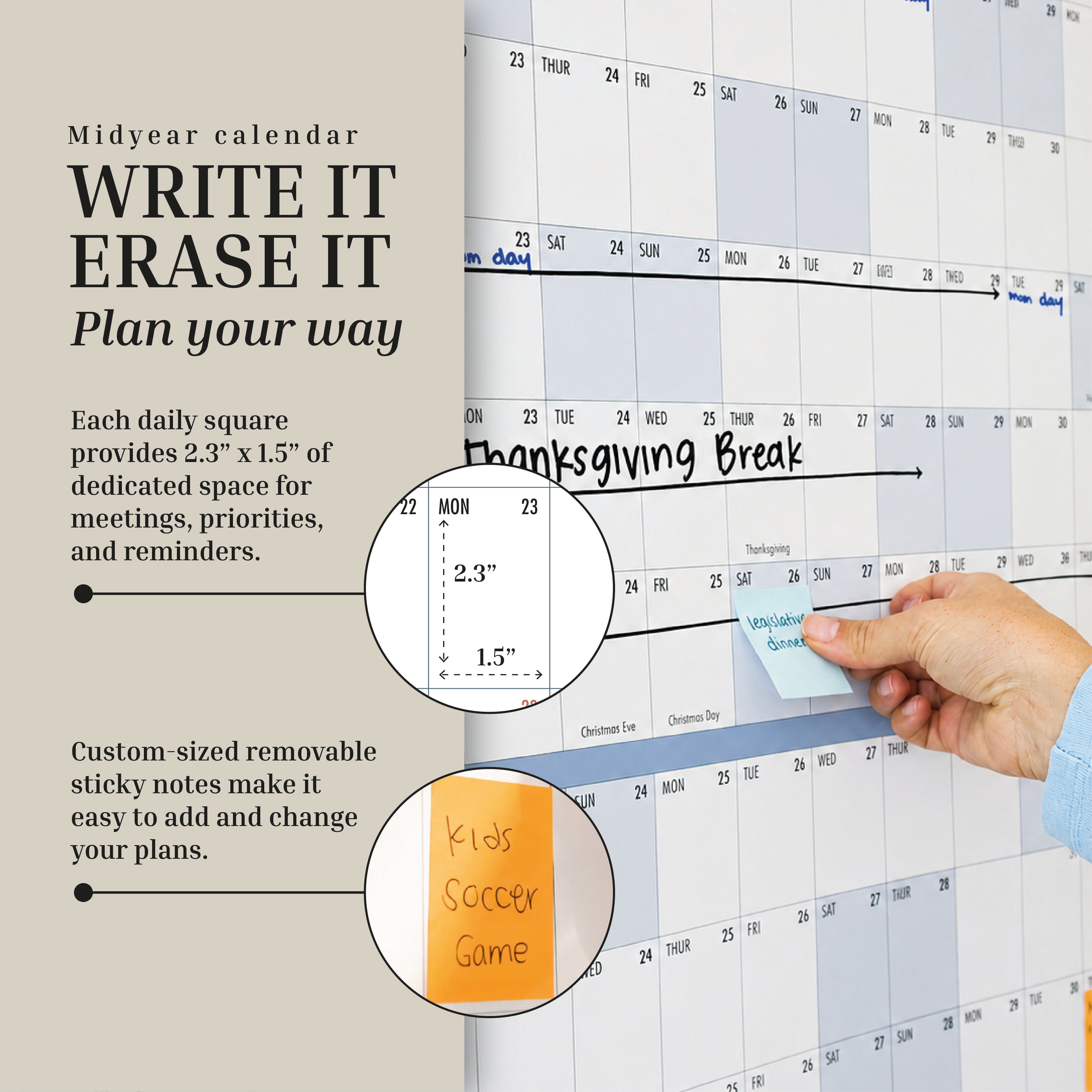 Eterna Goods 2026-2027 Midyear/Academic Own The Year Calendar is a large dry erase wall planner with erasable squares, highlighted dimensions, and removable sticky notes—ideal for school year planning or academic use.