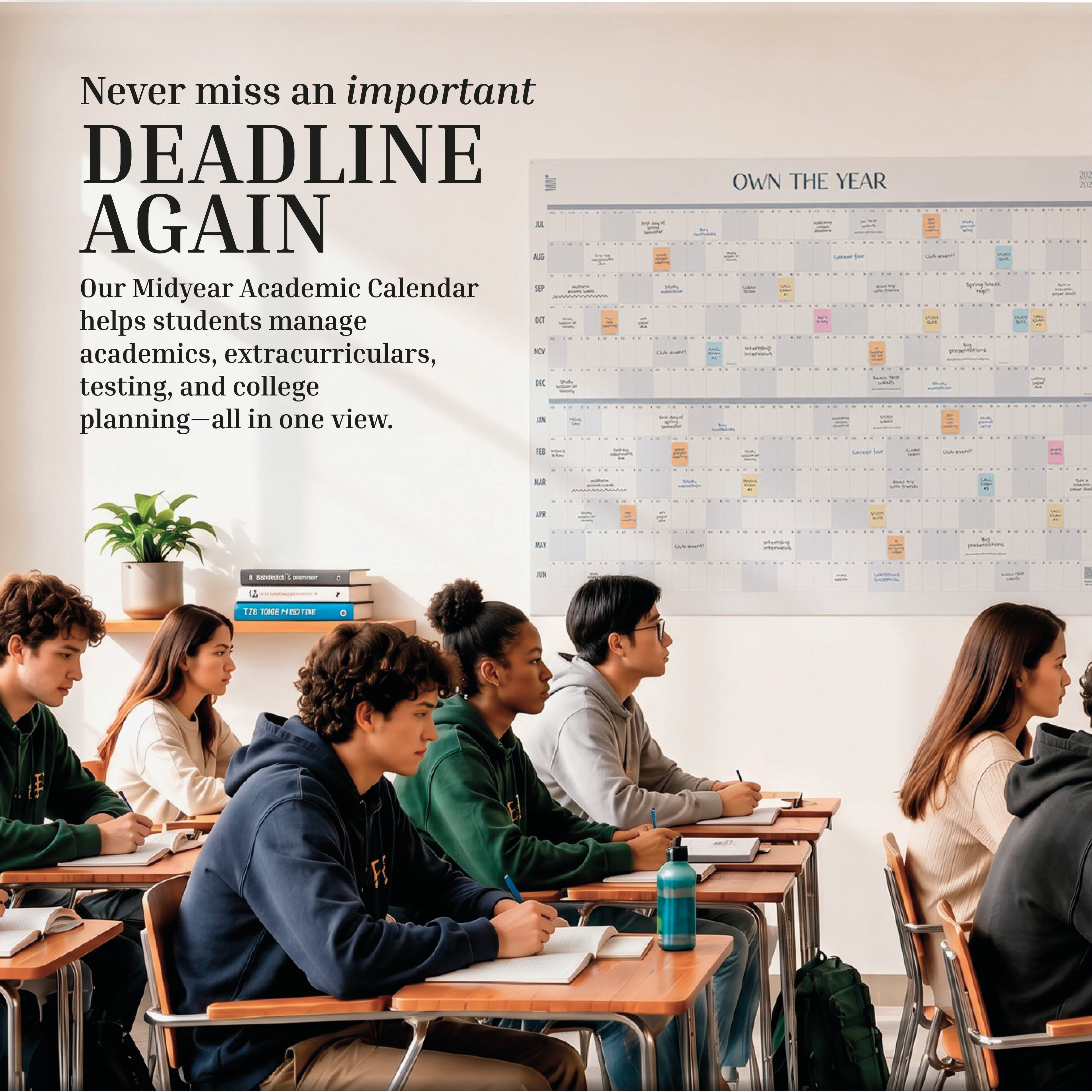 A classroom of students sits at desks facing a wall with the Eterna Goods 2026-2027 Midyear/Academic Own The Year Calendar, which highlights the importance of meeting deadlines and managing academic tasks.