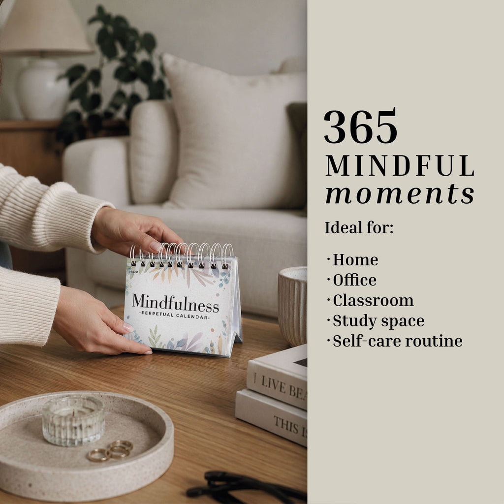 A person places the Eterna Goods Perpetual Mindfulness Calendar on a coffee table; text highlights 365 mindful moments, making it ideal for home, office, classroom, study space, or any self-care routine.