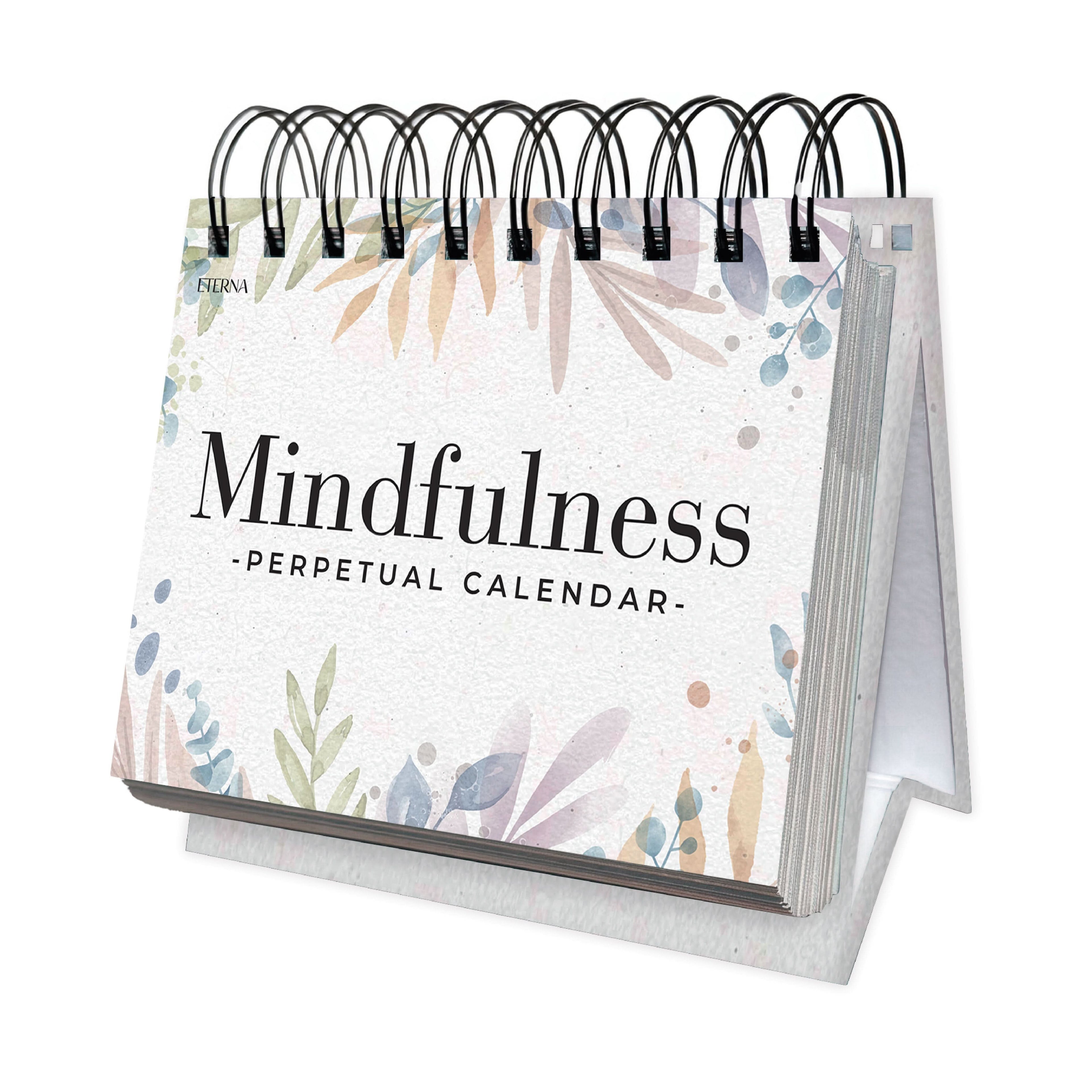 A spiral-bound stand-up calendar titled "Perpetual Mindfulness Calendar" by Eterna Goods, featuring a decorative pastel leaf design on the cover.
