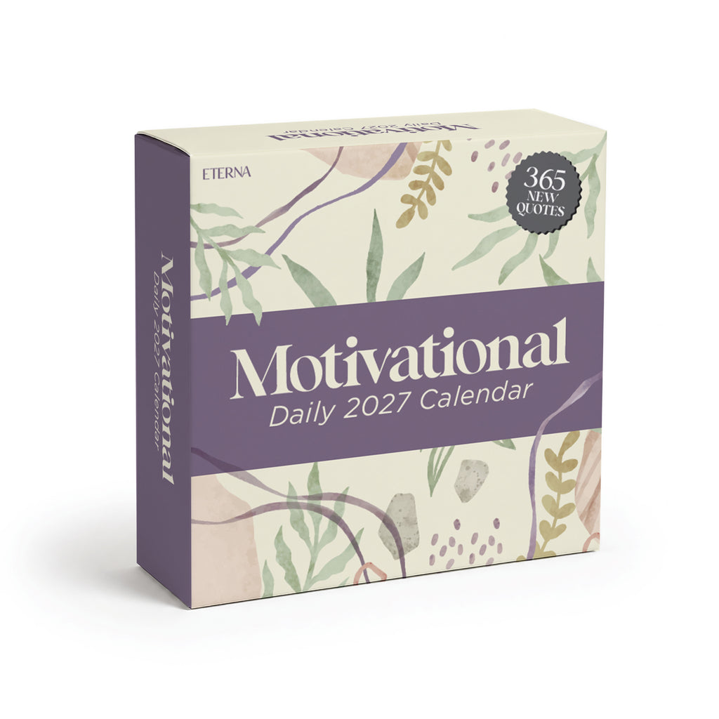 Box of the "2026 Motivational Calendar" by Eterna Goods featuring a decorative pastel plant design and text highlighting 365 daily inspirational quotes. This tear-off calendar makes the perfect motivational desk accessory for your workspace.