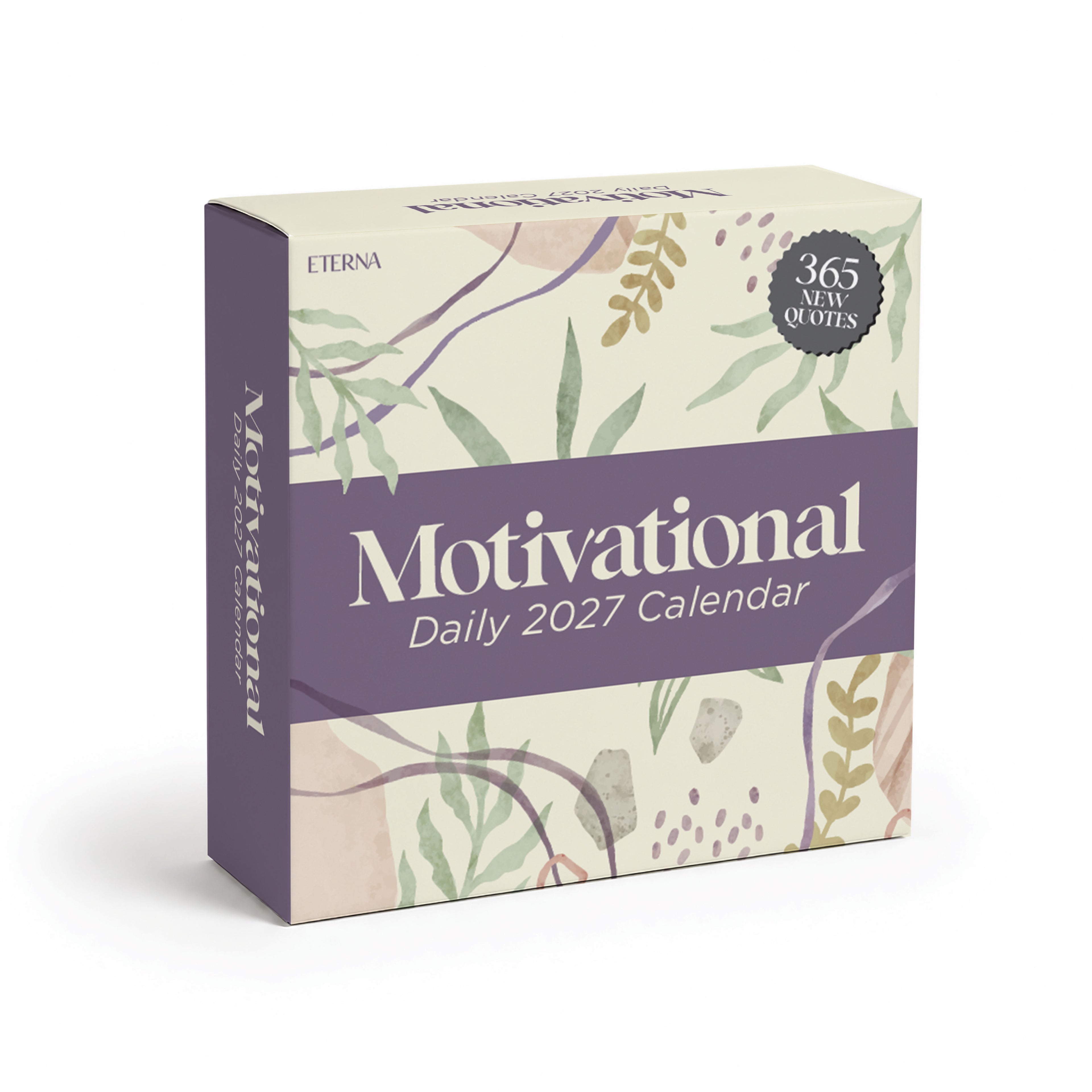 Box of the "2026 Motivational Calendar" by Eterna Goods featuring a decorative pastel plant design and text highlighting 365 daily inspirational quotes. This tear-off calendar makes the perfect motivational desk accessory for your workspace.
