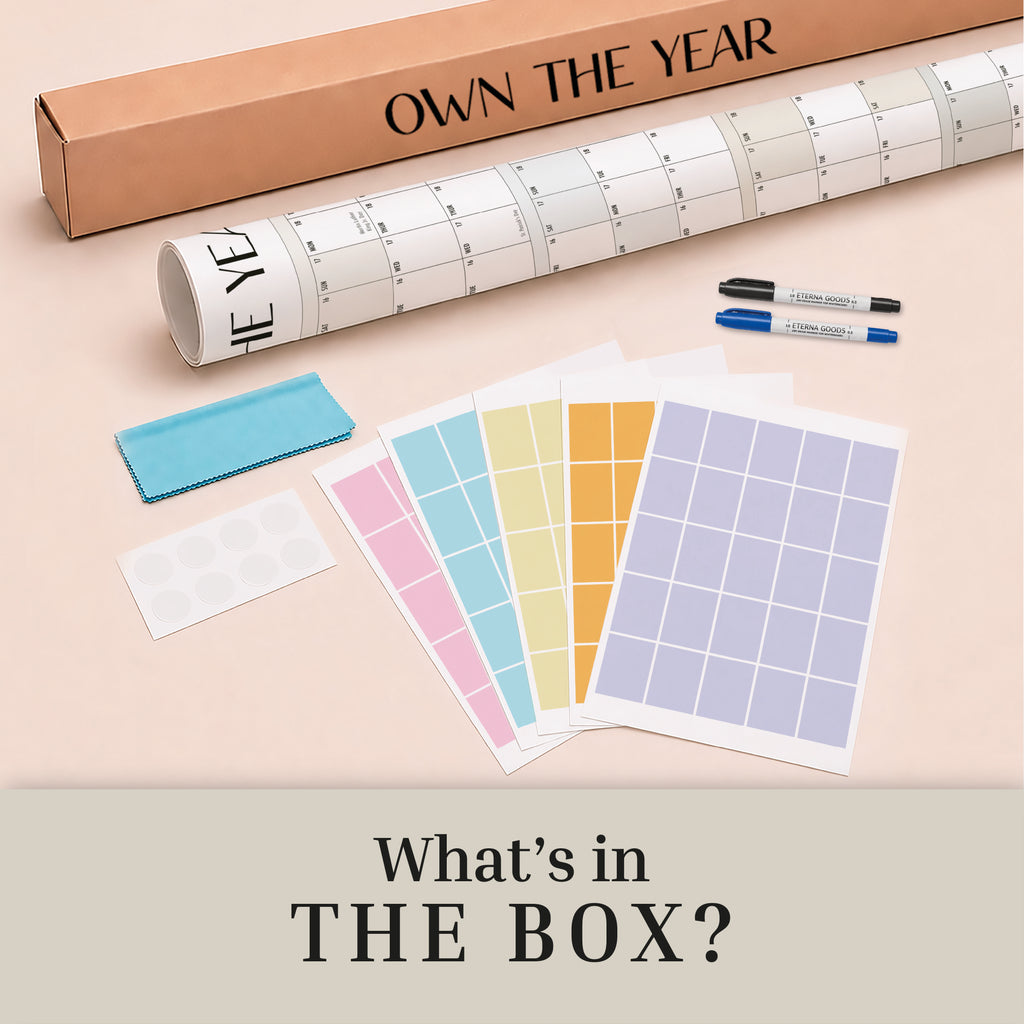 What's in the box: rolled Own The Year calendar, dry erase markers, eraser and sticky note sheets