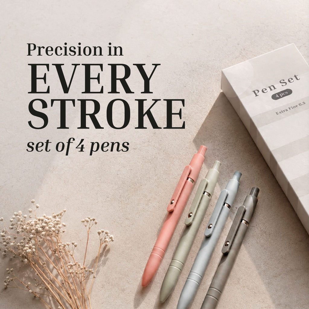 Set of four pastel Extra Fine Ball Point Pens by Eterna Goods beside a "Pen Set" box on a bright surface with dried flowers, plus the text: "Precision in every stroke, set of 4 pens.