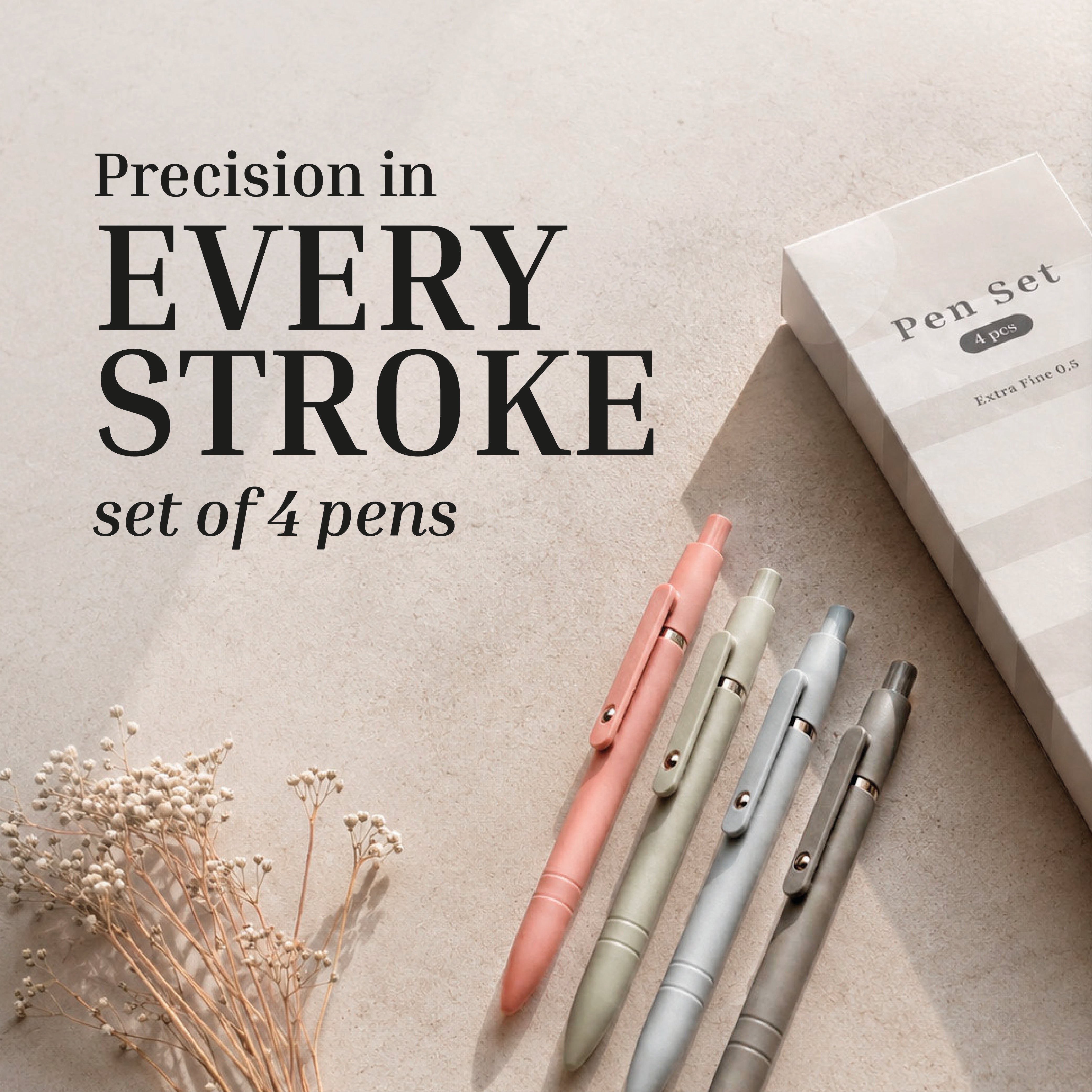 Set of four pastel Extra Fine Ball Point Pens by Eterna Goods beside a "Pen Set" box on a bright surface with dried flowers, plus the text: "Precision in every stroke, set of 4 pens.