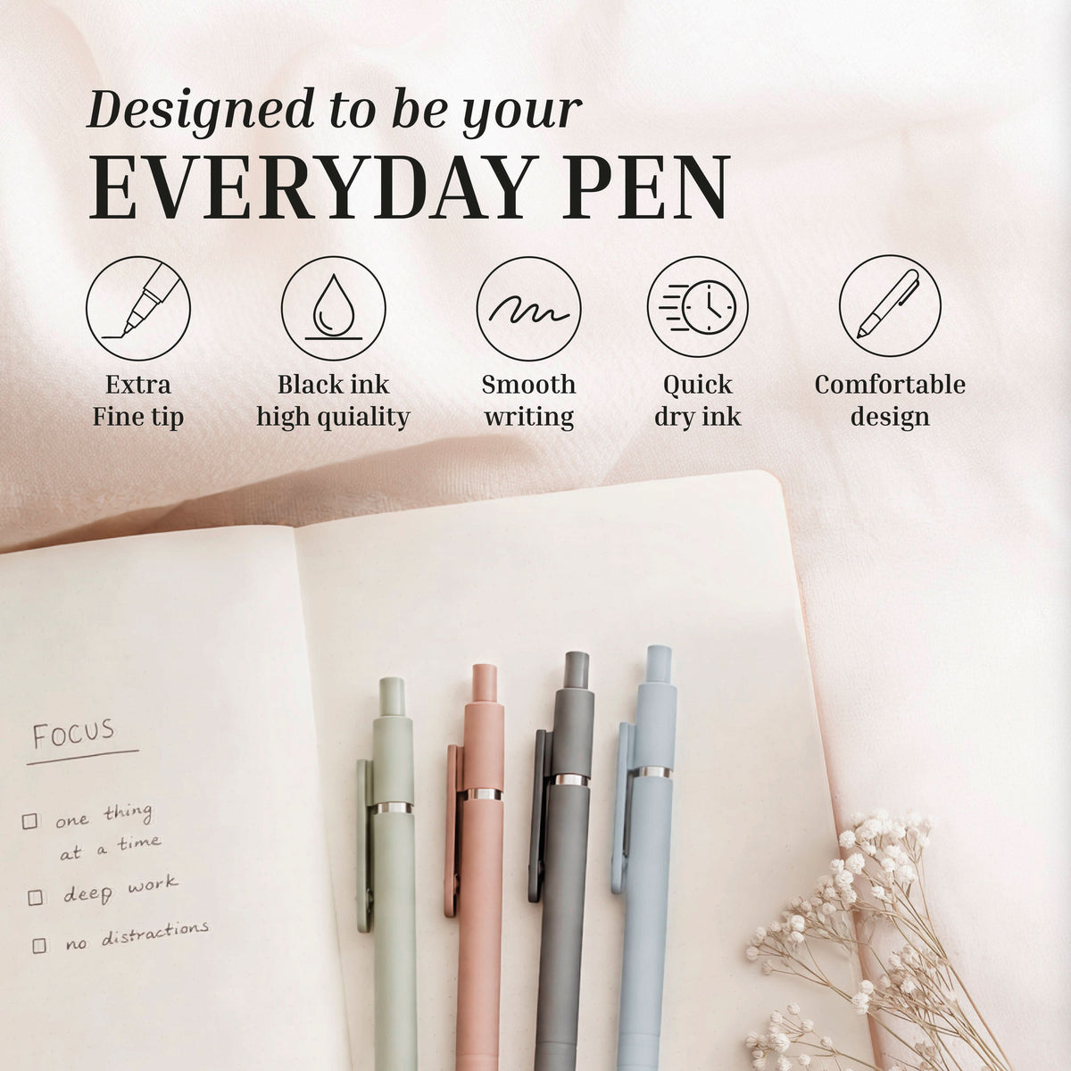Four Eterna Goods Extra Fine Ball Point Pens (0.5mm, pastel) are arranged on an open notebook with a focus checklist; icons and text highlight their fine tip, quality ink, smooth writing, quick drying, and comfort.