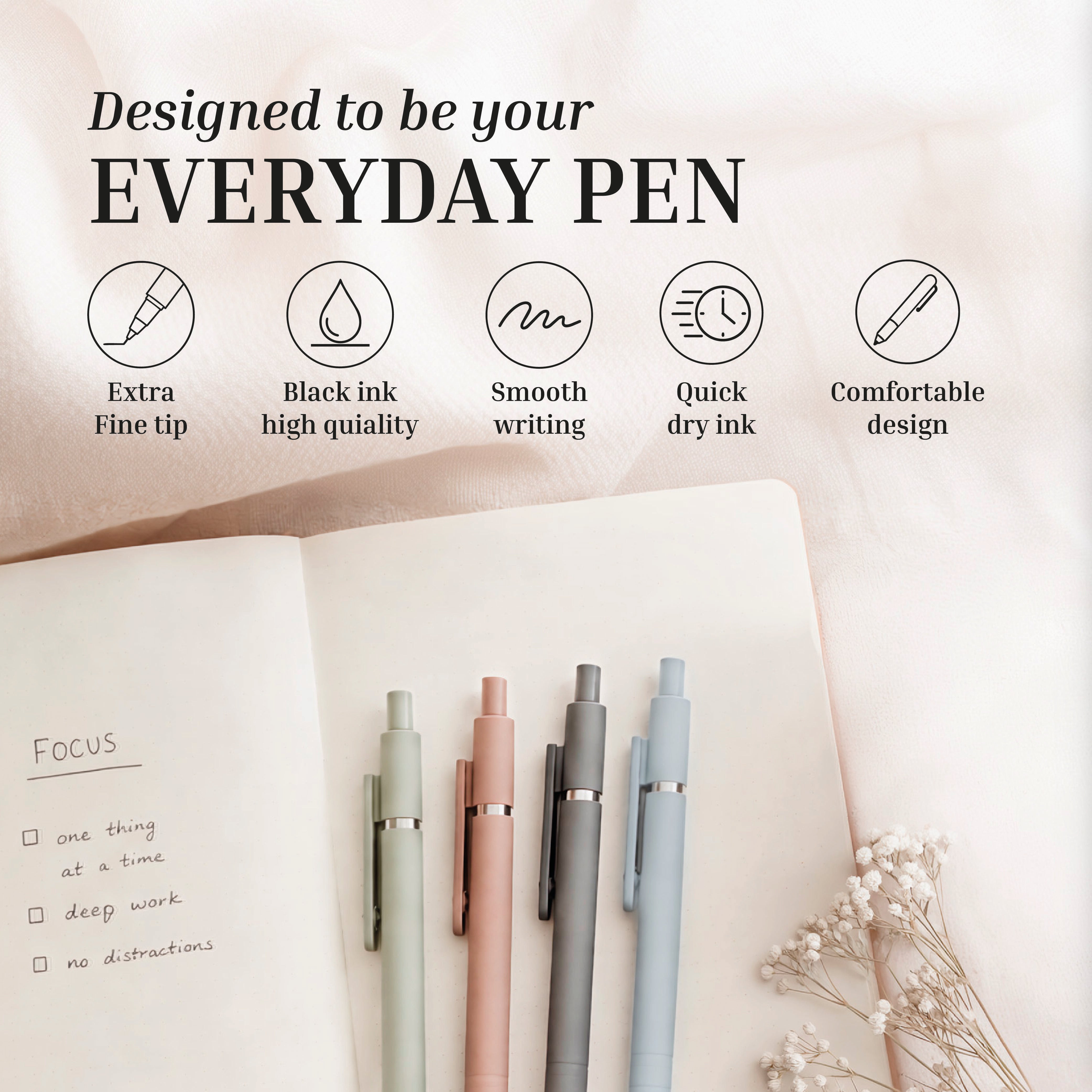 Four Eterna Goods Extra Fine Ball Point Pens (0.5mm, pastel) are arranged on an open notebook with a focus checklist; icons and text highlight their fine tip, quality ink, smooth writing, quick drying, and comfort.