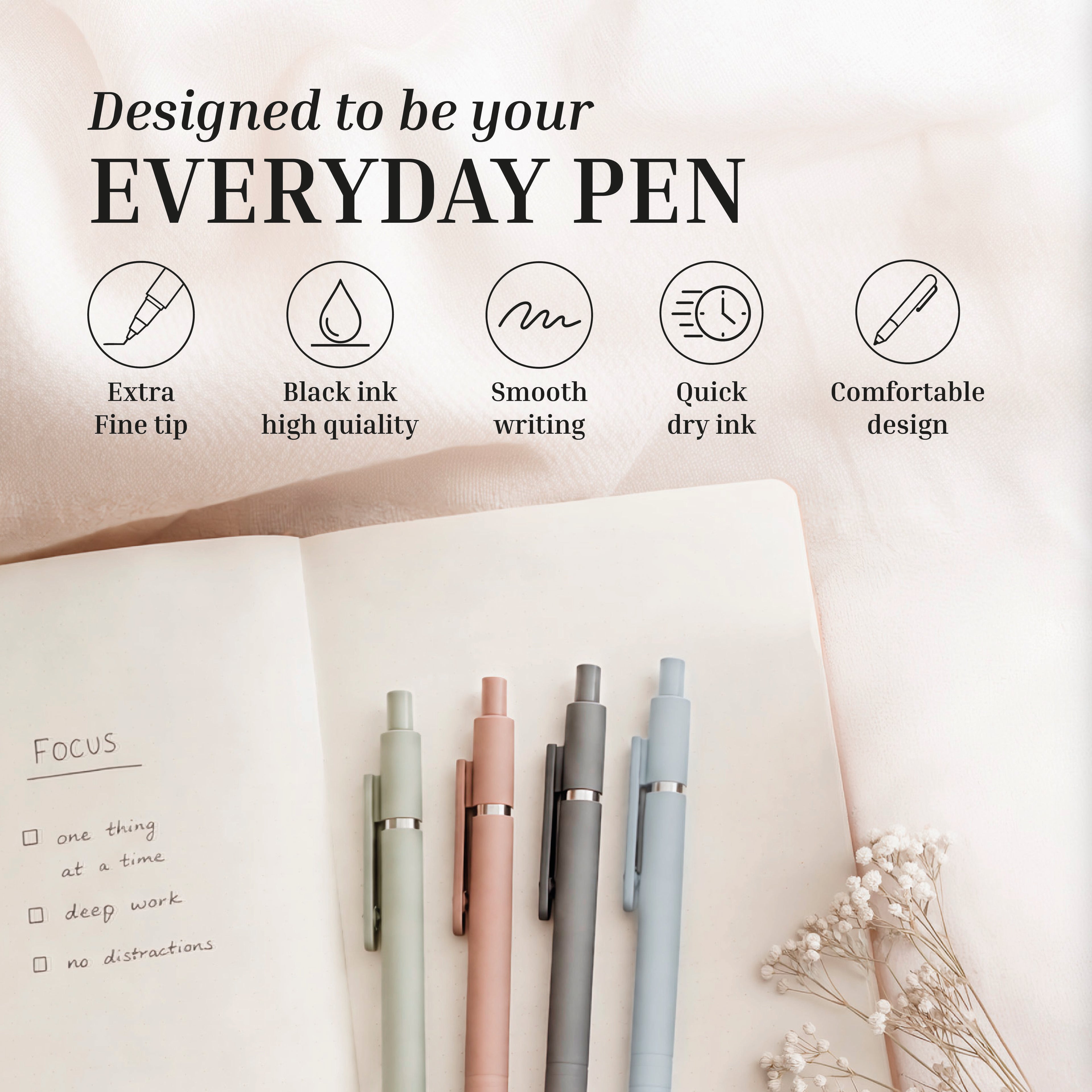 Four Eterna Goods Extra Fine Ball Point Pens (0.5mm, pastel) are arranged on an open notebook with a focus checklist; icons and text highlight their fine tip, quality ink, smooth writing, quick drying, and comfort.