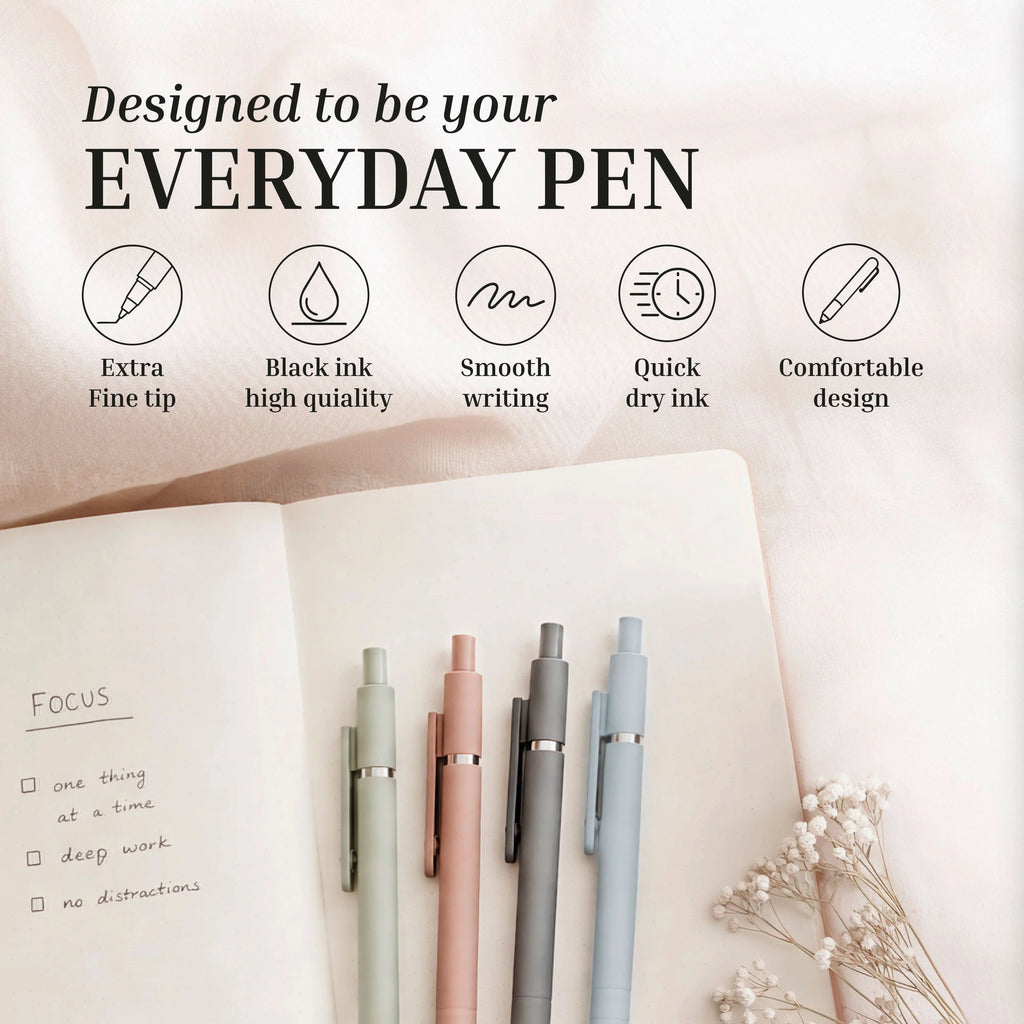 Four pastel-colored fine-tip pens from Eterna Goods' Planning Essentials Kit are arranged on an open notebook with a focus checklist, surrounded by soft fabric and white flowers. Their extra fine tips and quick dry ink make them an ideal addition to your organization routine.