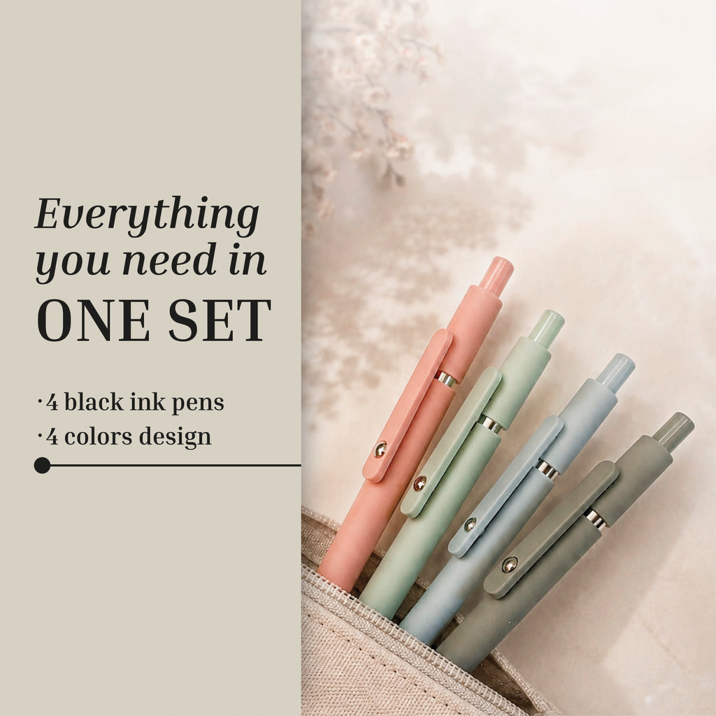 Four pastel pens—pink, green, blue, and gray—peek from a beige case beside text for Eterna Goods' Extra Fine Ball Point Pen Set: four 0.5mm pens with black ink in assorted colors.