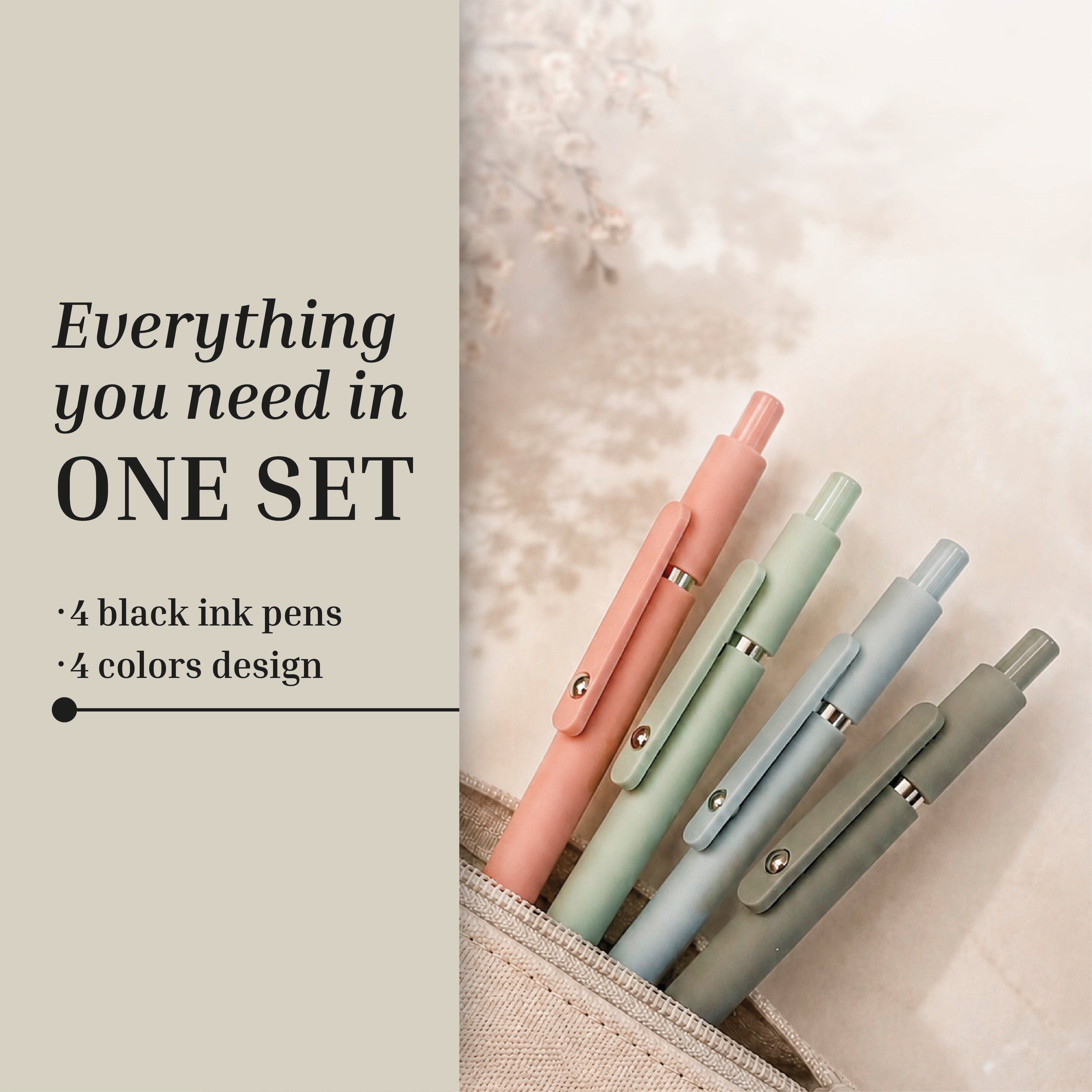 Four pastel pens—pink, green, blue, and gray—peek from a beige case beside text for Eterna Goods' Extra Fine Ball Point Pen Set: four 0.5mm pens with black ink in assorted colors.