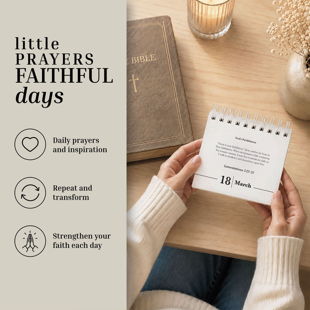 A person holding the Eterna Goods Perpetual Prayer A Day Calendar next to a Bible on a table; the text emphasizes daily inspirational prayers, personal transformation, and strengthening of faith.