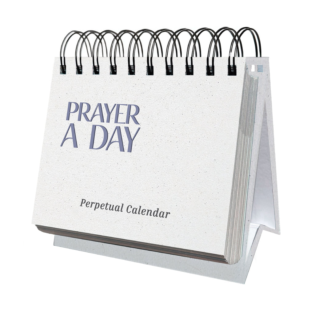 The Eterna Goods Perpetual Prayer A Day Calendar is a white, spiral-bound calendar designed to stand upright, featuring inspirational prayers for each day of the year.