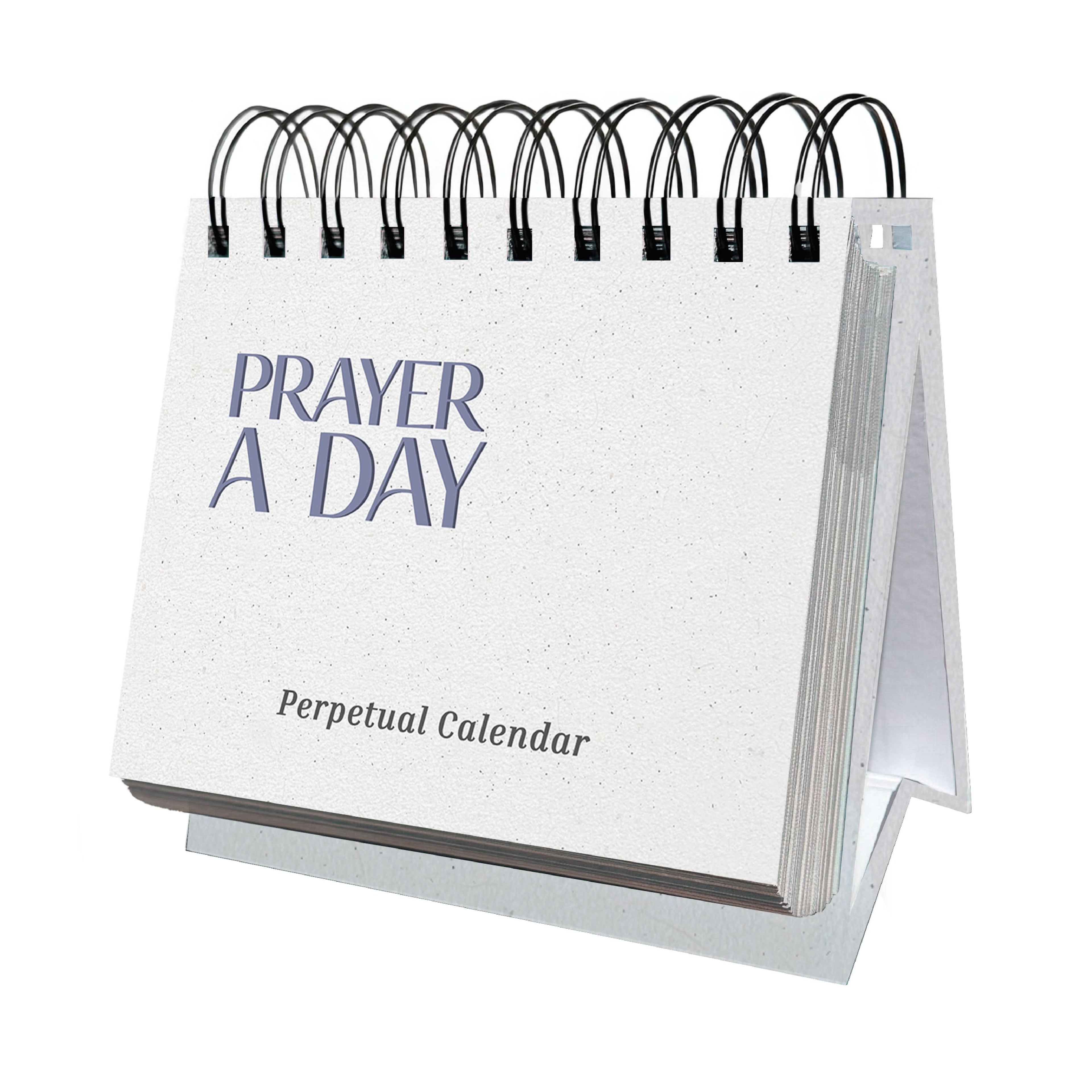 The Eterna Goods Perpetual Prayer A Day Calendar is a white, spiral-bound calendar designed to stand upright, featuring inspirational prayers for each day of the year.
