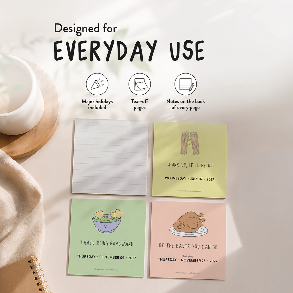 Four square note pads with illustrated covers and witty messages are arranged on a table next to a cup and cloth, while text above highlights their features for everyday use—the perfect companions for fans of rockdoodles’ 2027 A Pun a Day Calendar or anyone who enjoys daily pun desk calendar humor.