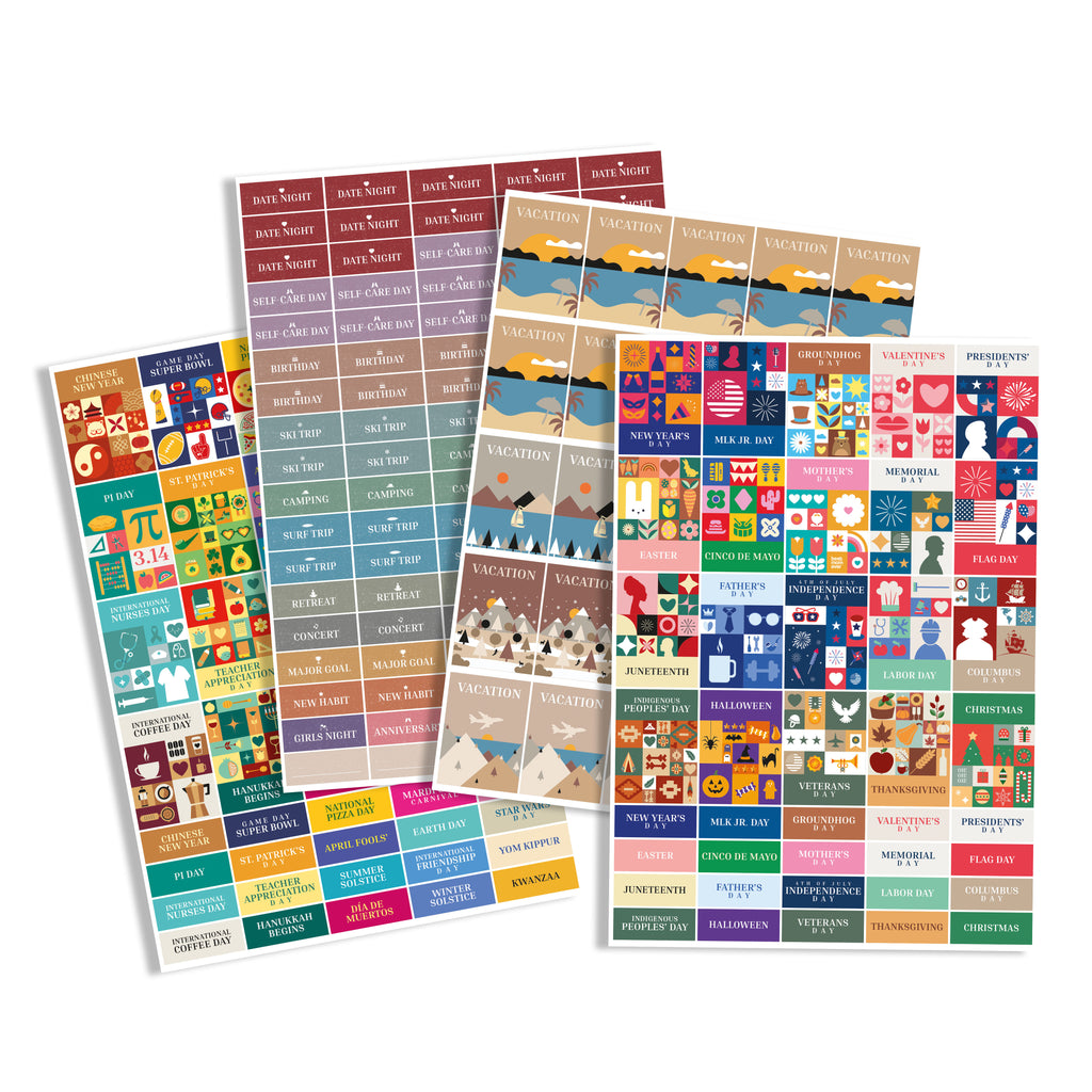 Eterna Goods’ Holiday Sticker Pack offers colorful rectangular stickers with various themes, icons, and labels—ideal for seasonal events or decorating your calendar to celebrate every occasion.
