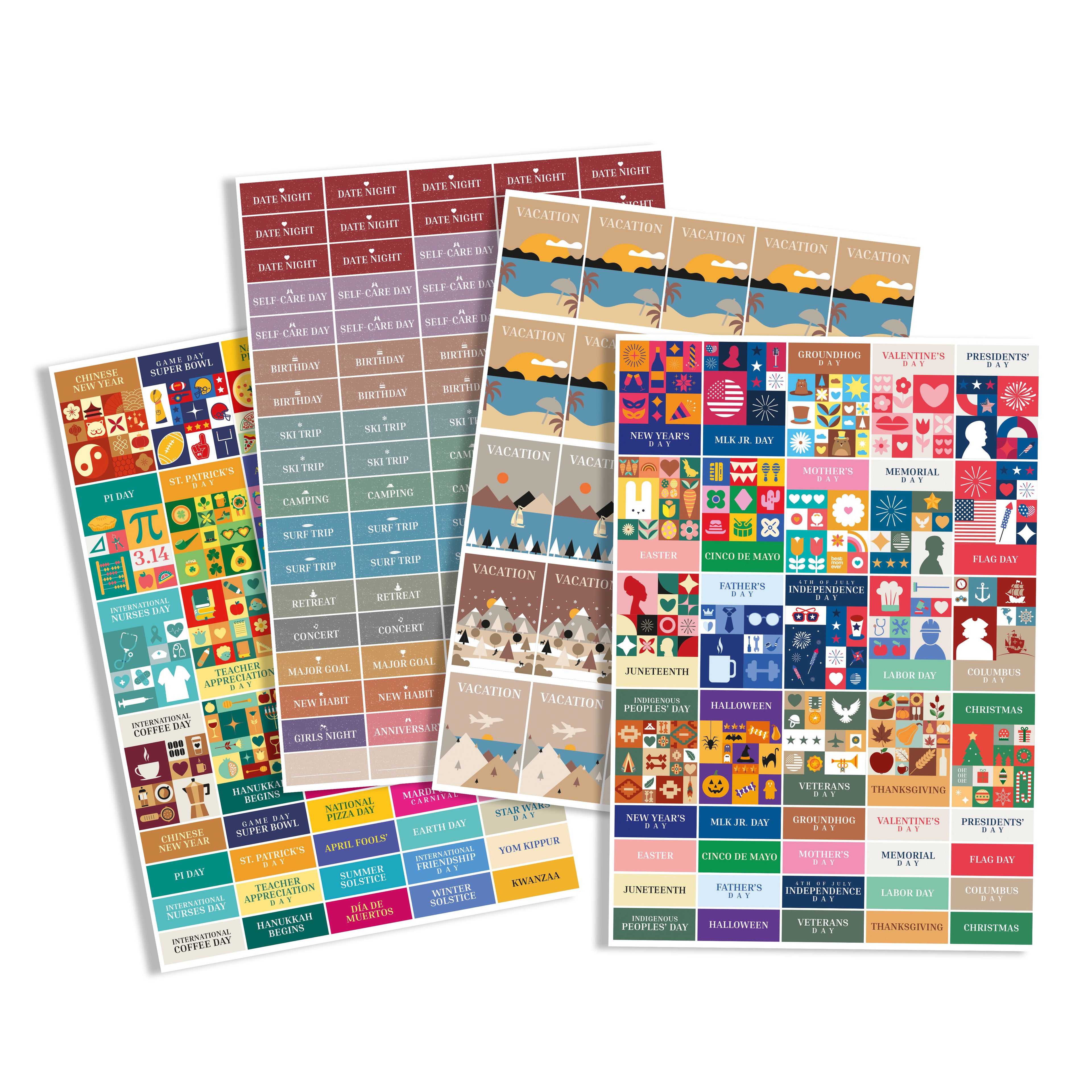 The Eterna Goods Holiday Sticker Pack includes five sheets of assorted calendar, holiday, mountain, dog, and seasonal icon stickers arranged in overlapping layouts—all perfect for festive planning and decoration.
