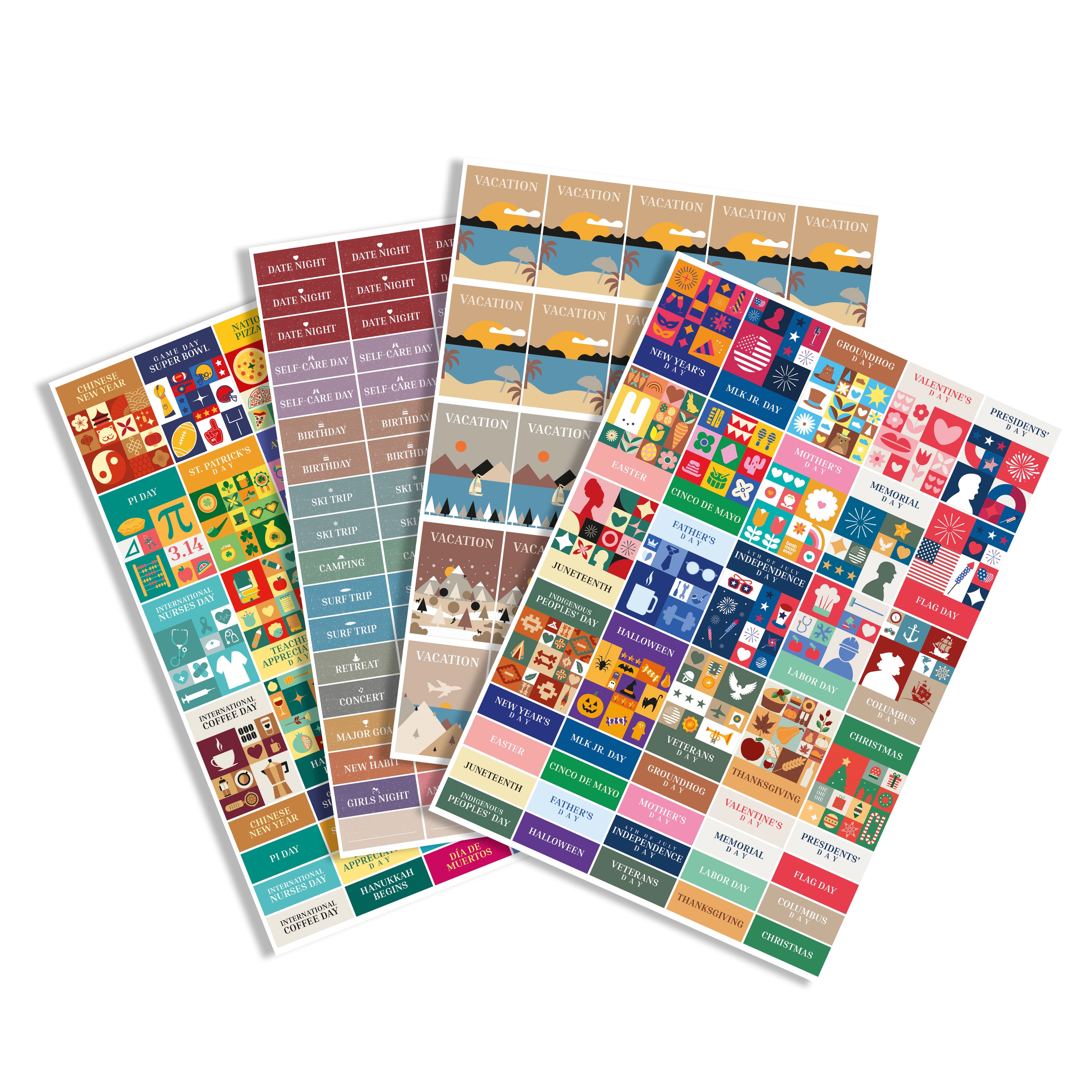 The Eterna Goods Holiday Sticker Pack includes four colorful sheets with assorted calendar stickers, event labels, icons, and seasonal illustrations—perfect for organizing planners or calendars.