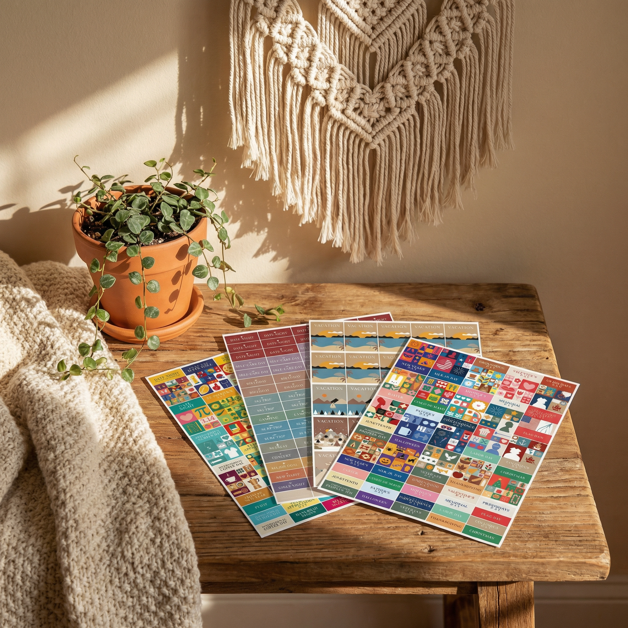 Four vibrant illustrated sheets from Eterna Goods’ Holiday Stickers Pack—with calendar and chart designs—are laid on a wooden table next to a potted plant, knitted blanket, and macrame wall hanging.