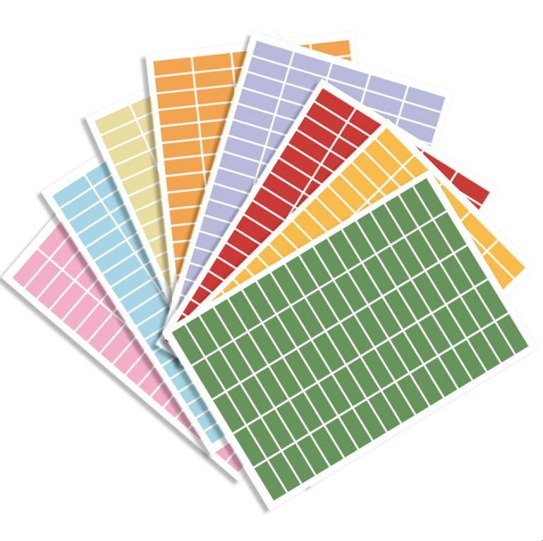 Eterna Goods Planning Block Stickers include seven sheets of rectangular labels in green, red, blue, pink, yellow, orange, and purple—ideal for color-coded calendar planning and organization.