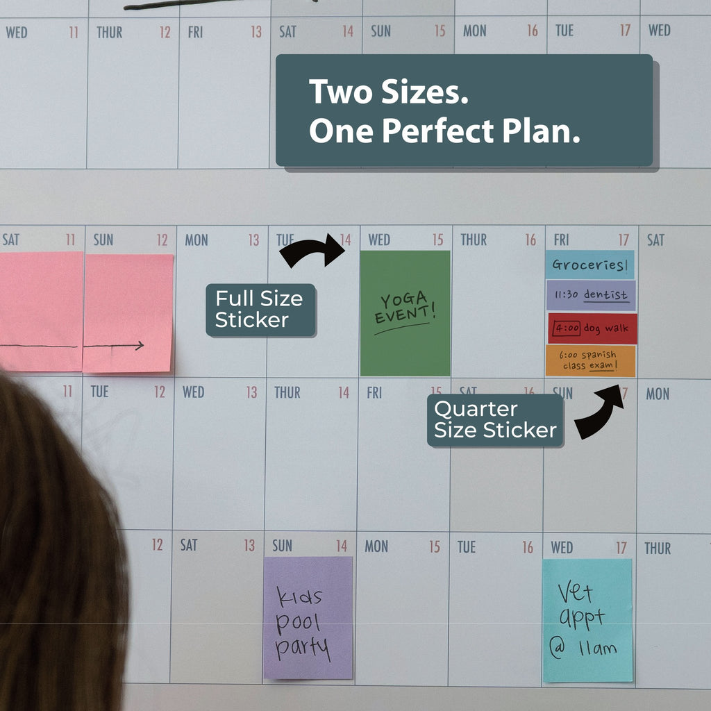 The Eterna Goods Planning Block Stickers come in full and quarter sizes, labeled for easy use, with the tagline “Two Sizes. One Perfect Plan.” Ideal for organizing any wall calendar with Solid Color Sticker Packs.